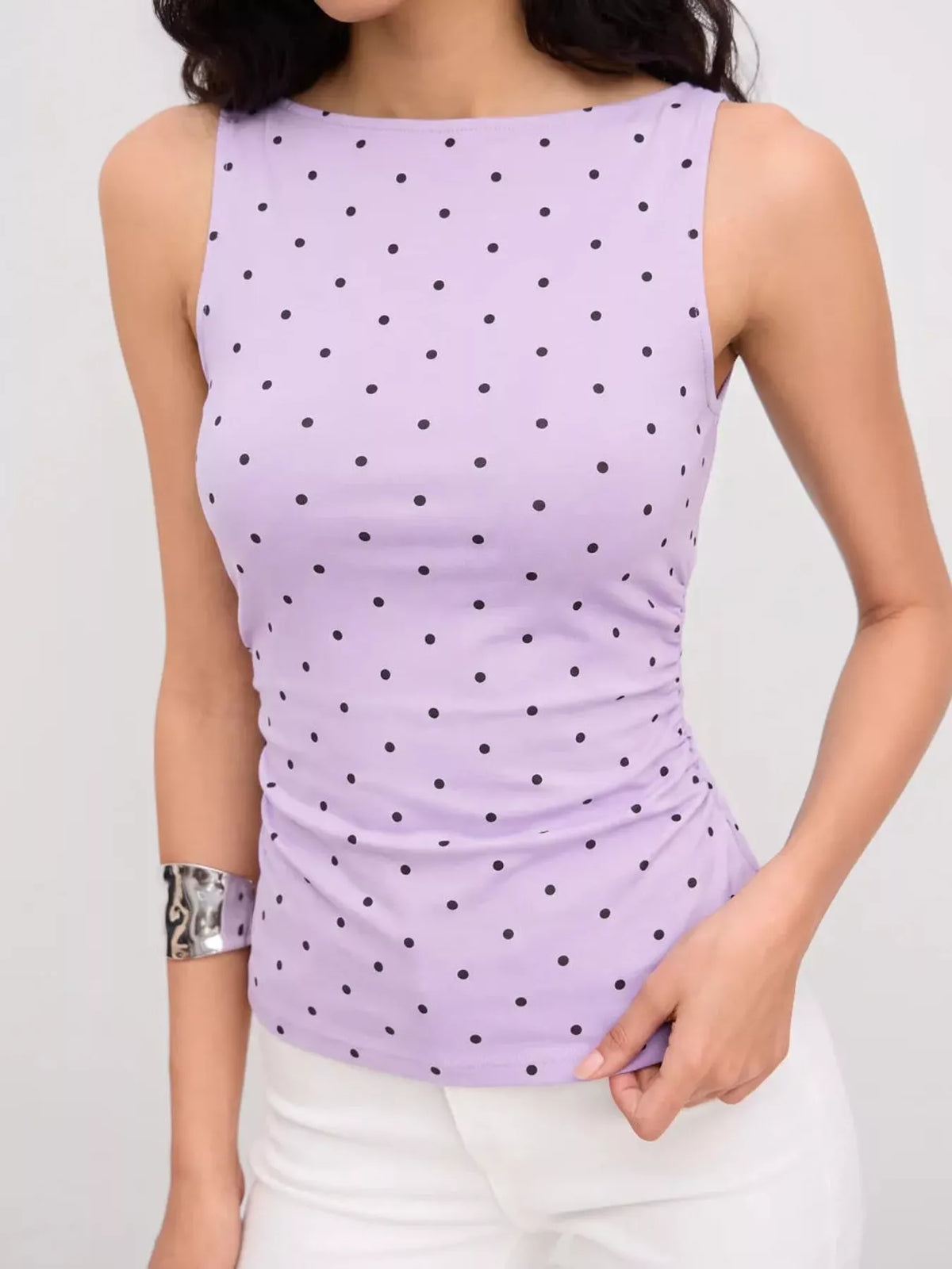 Polka Dot Print Sleeveless Tank Top with Tie Back in light purple