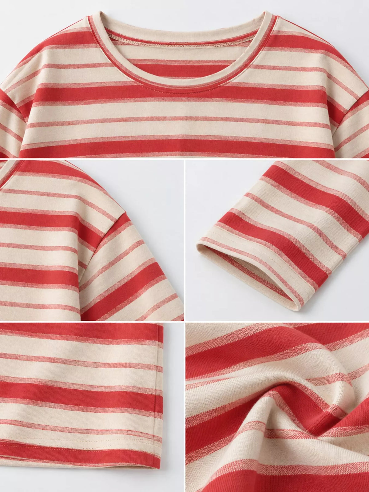 Red and cream striped oversized T-shirt, neckline, cuff and hem detail collage