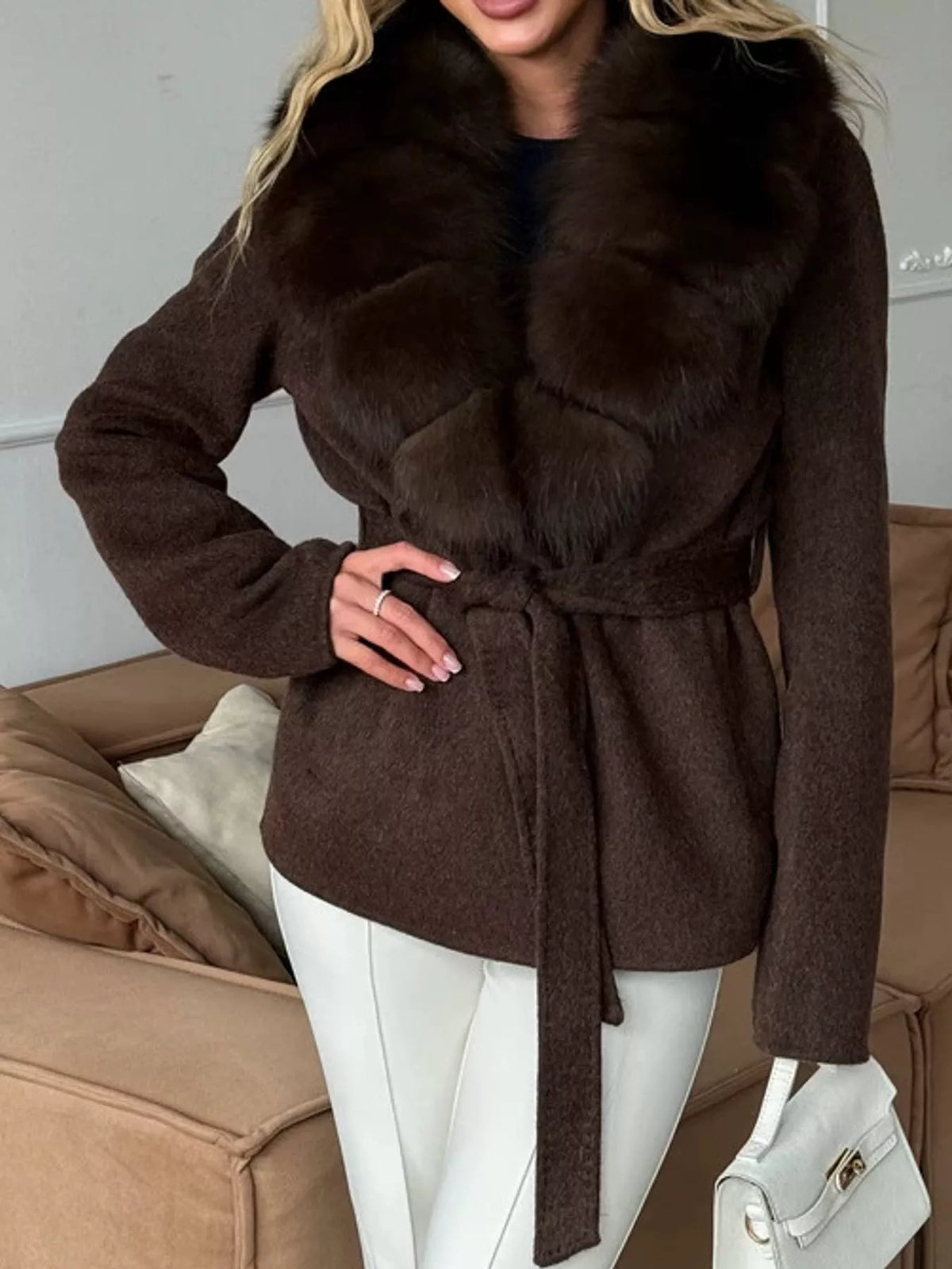 Faux Fur Collar Belted Jacket — front view