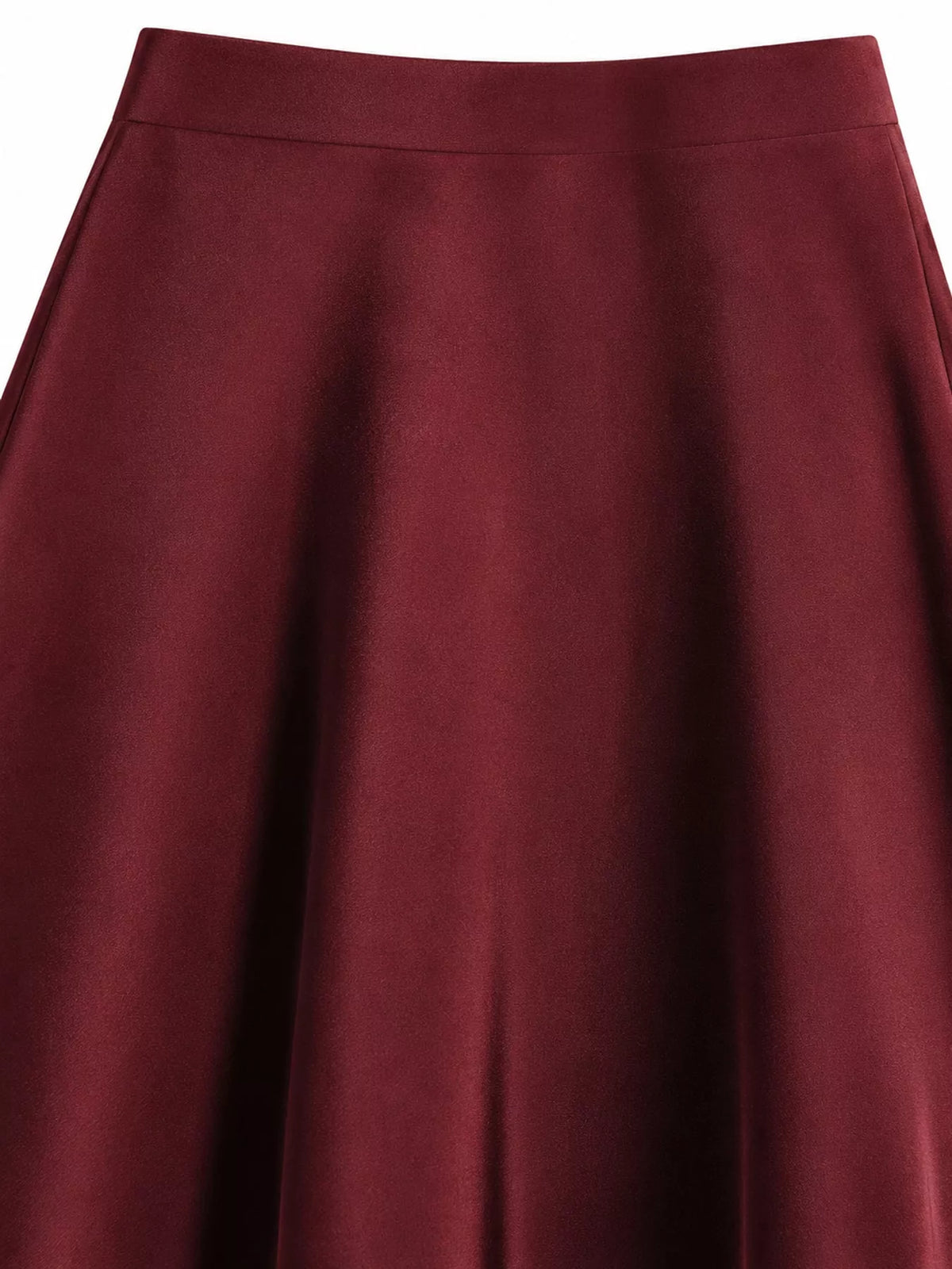 Zip-up satin skirt, burgundy waist detail