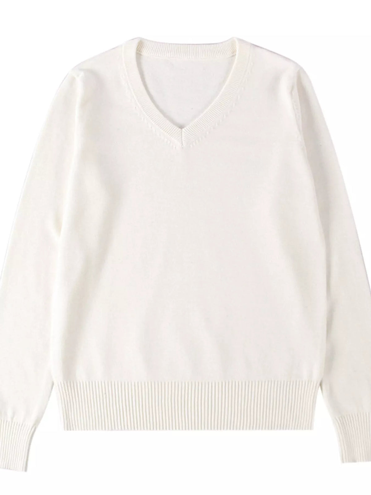 Women's V-Neck Long Sleeve Sweater in white — flat lay view