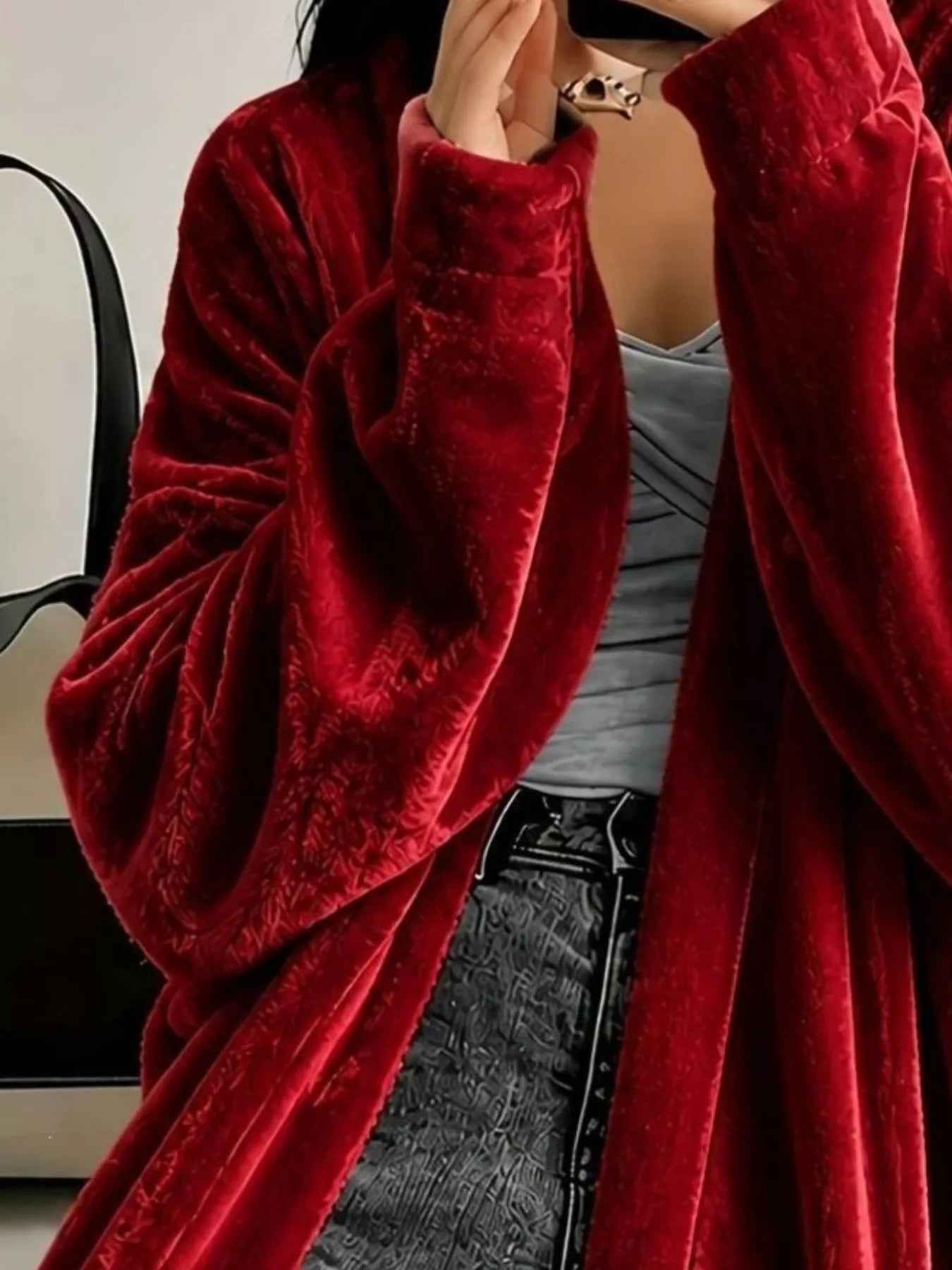 Trendsi Full Size Velvet Open-Front Longline Outerwear Plus Size -