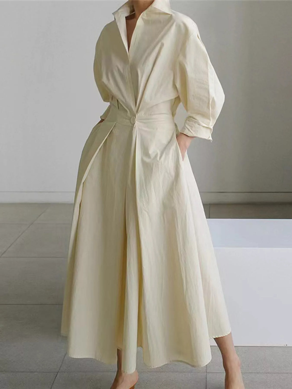 Collared Three-Quarter Sleeve Midi Shirt Dress — front view