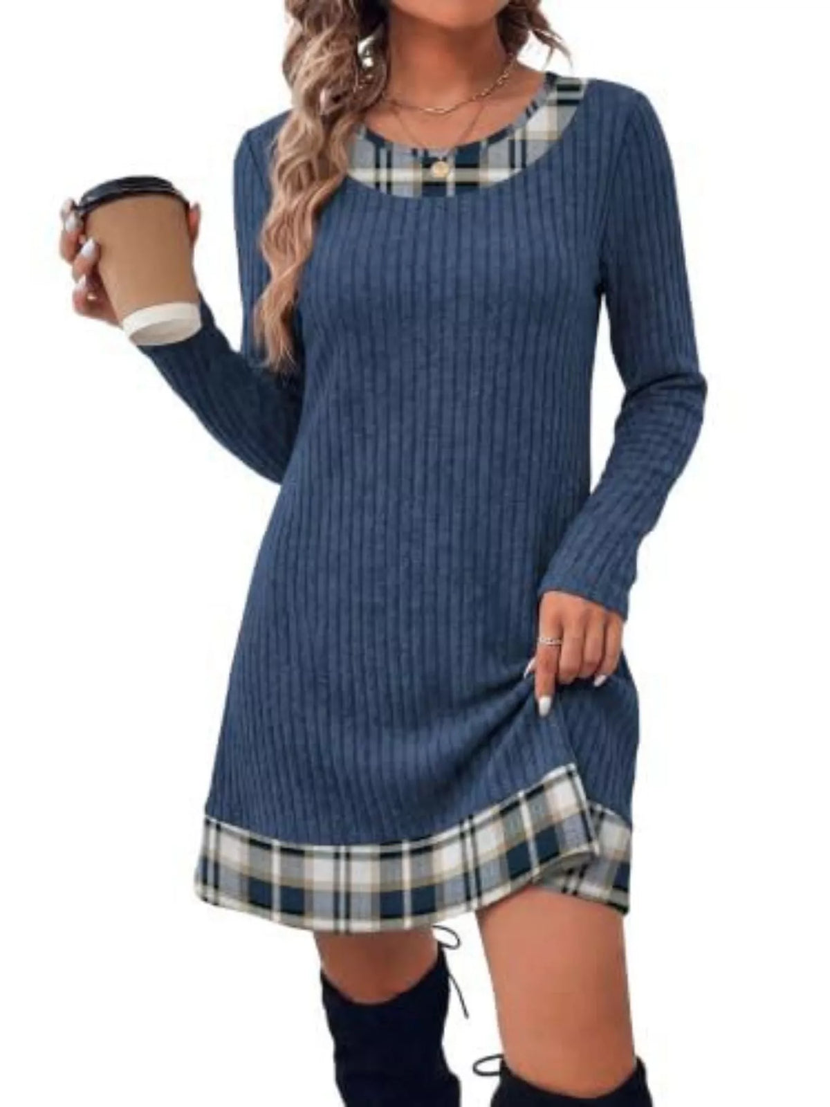 Round neck long sleeve mini dress, front view on model