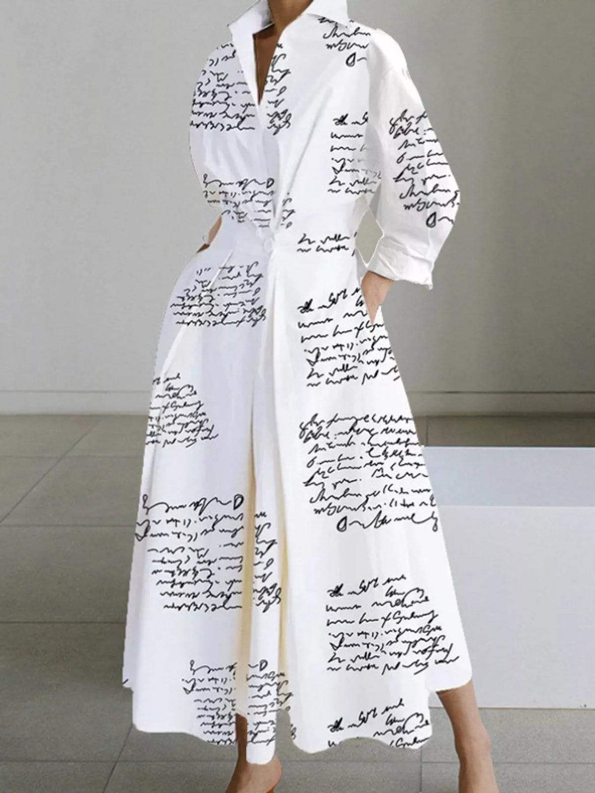 Collared Three-Quarter Sleeve Midi Shirt Dress — front view