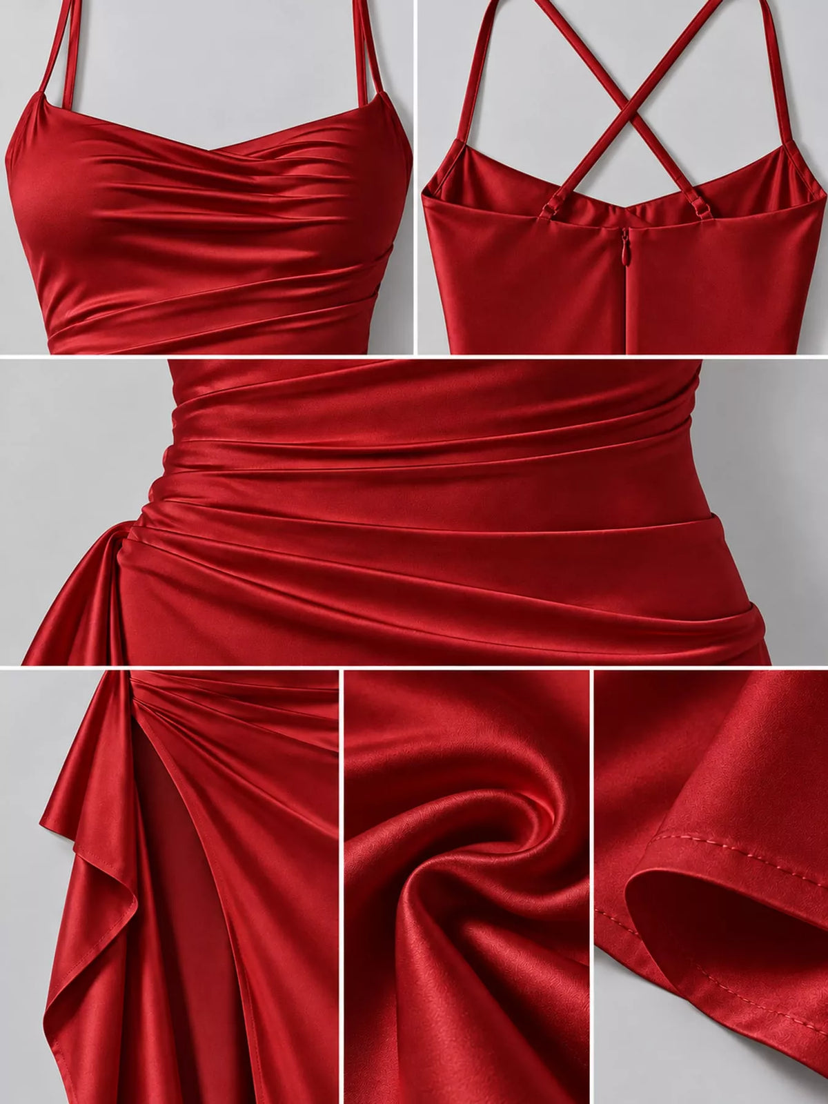 Red satin ruched high slit maxi dress, detail view