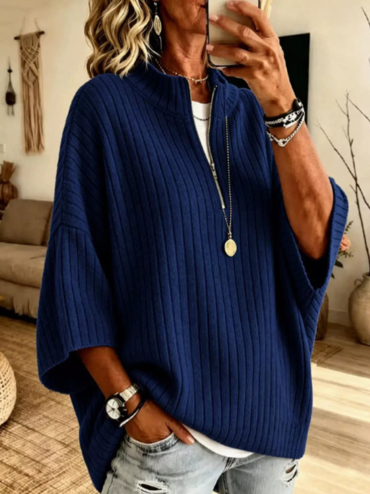 Women's Half-Zip Ribbed Knit Top in Dark Navy, front view