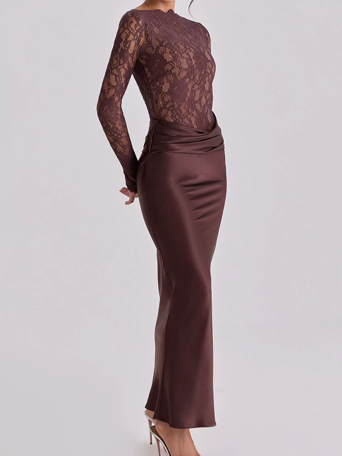Brown lace and satin maxi dress