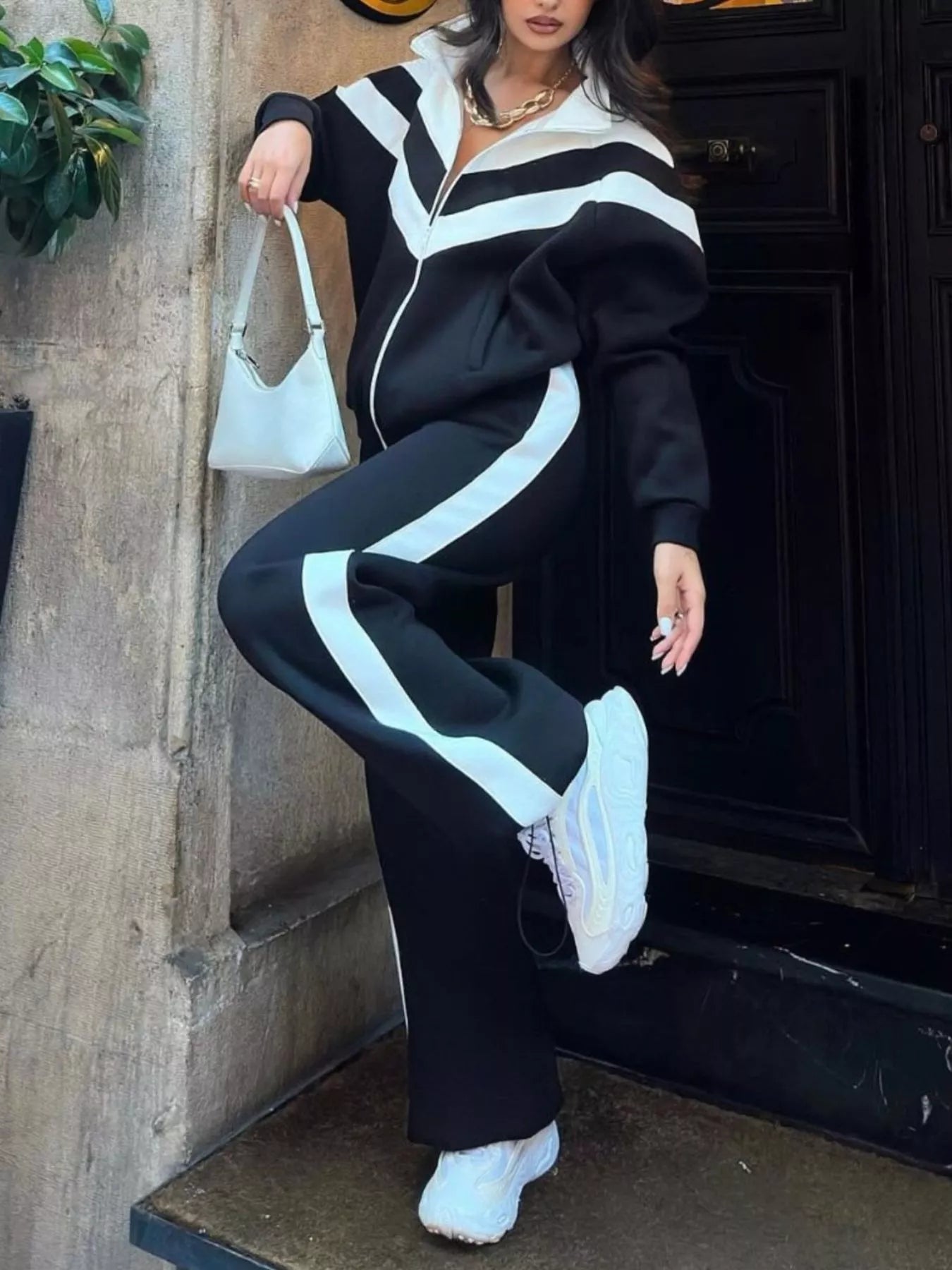 Trendsi Color Block Zip-Up Outerwear and Pants Set -