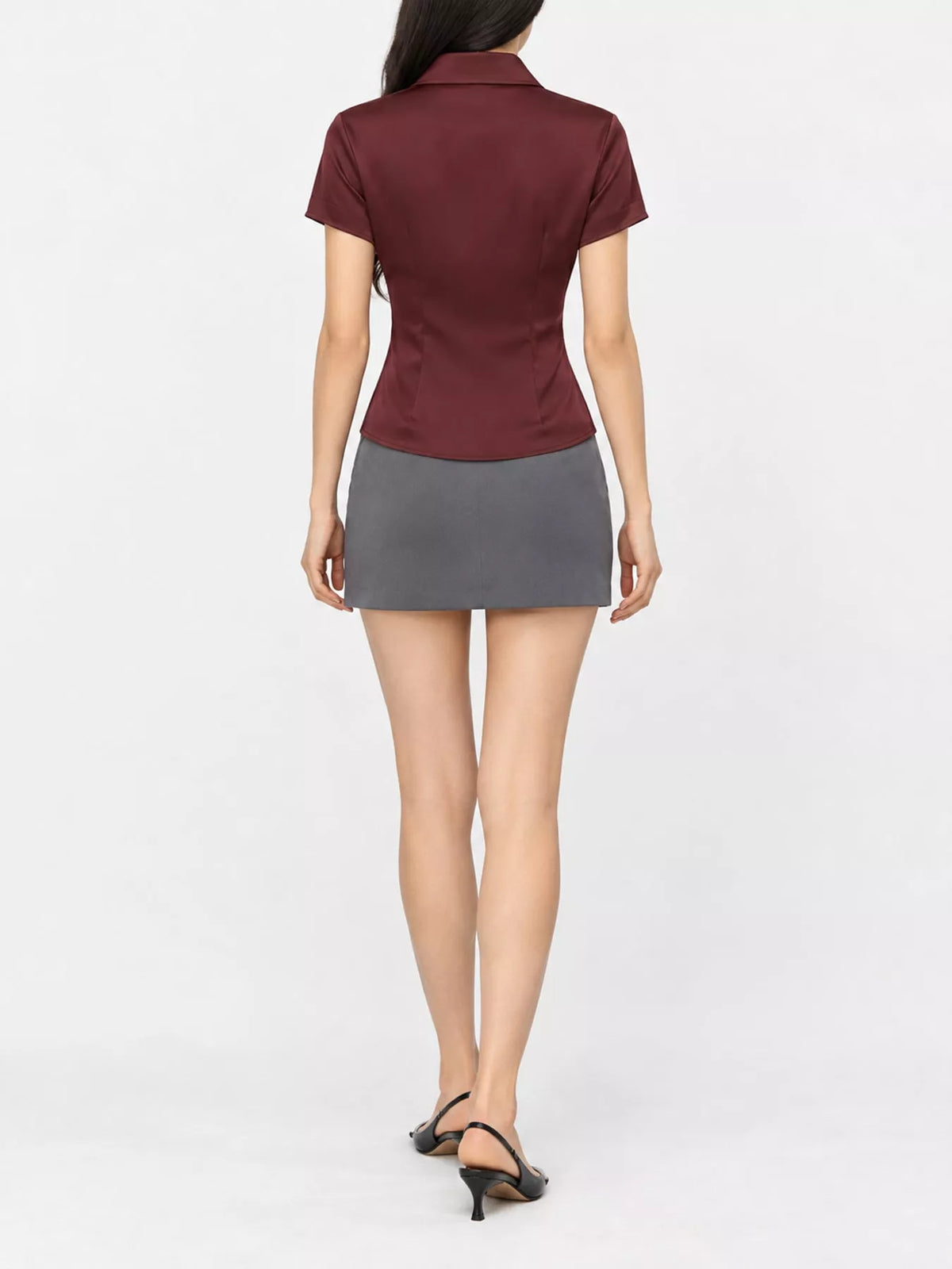 Satin Short Sleeve Button-Down Shirt, back view in burgundy