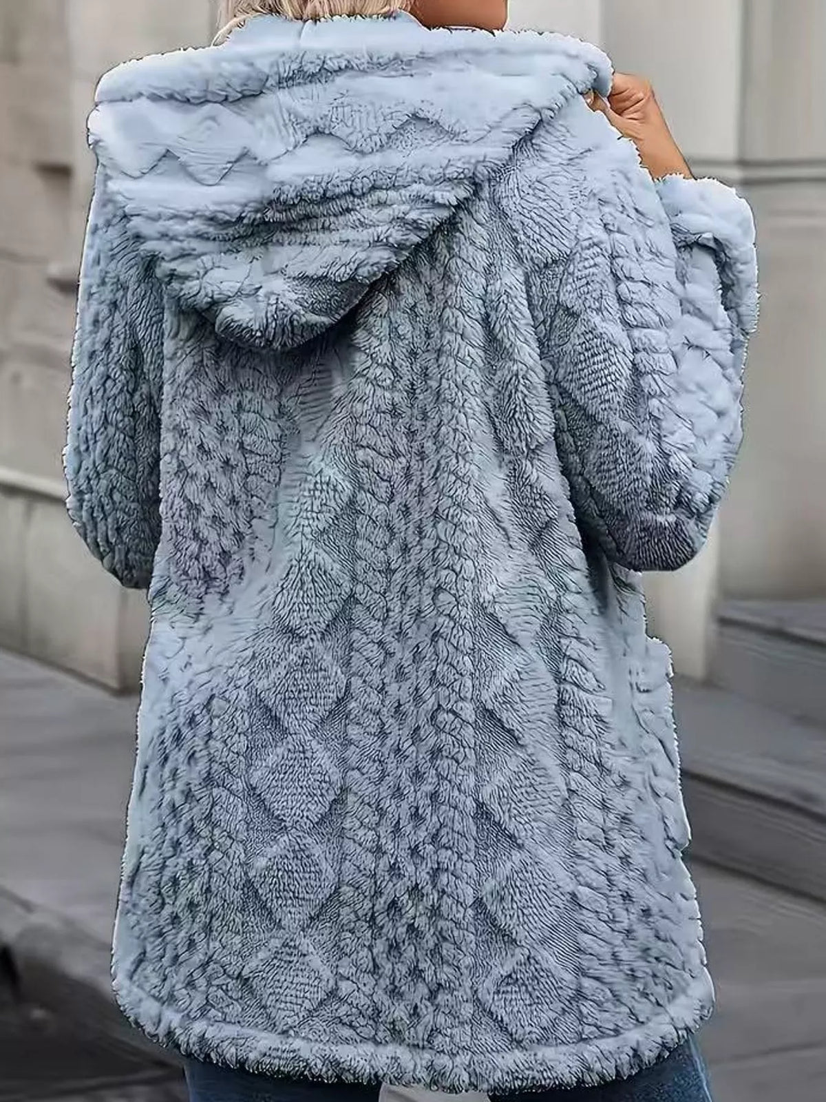 Ocean Blue faux fur hooded zip-up jacket, back view