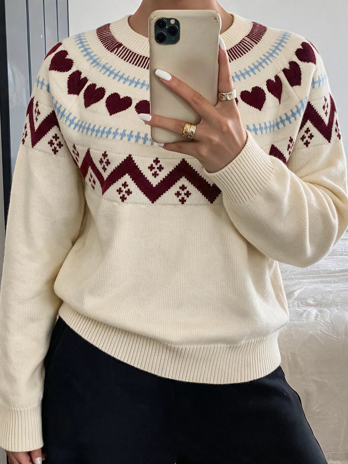Cream heart-patterned crew neck sweater, heart and geometric knit detail