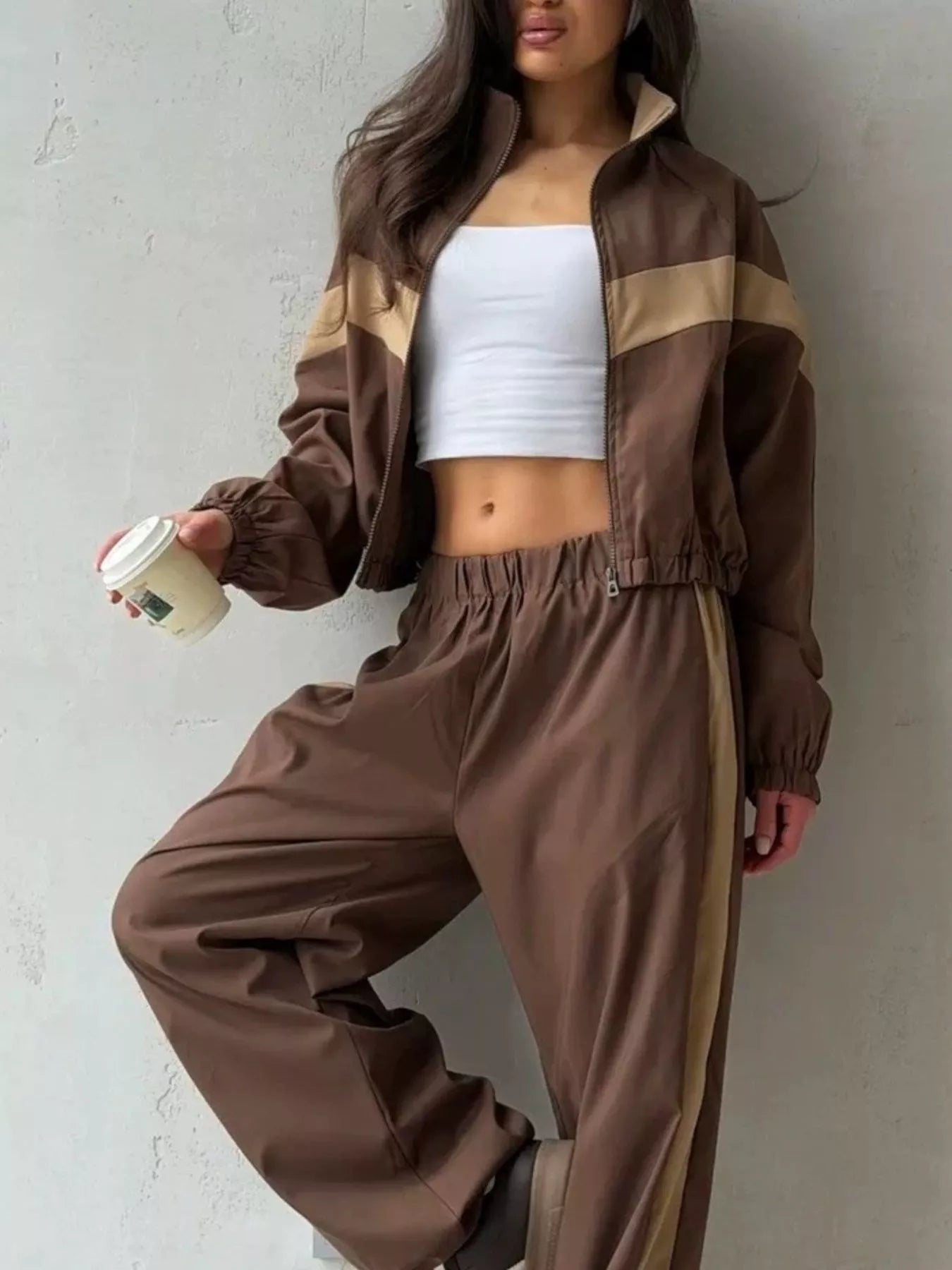 Trendsi Color Block Zip Up Outerwear and Pants Set -