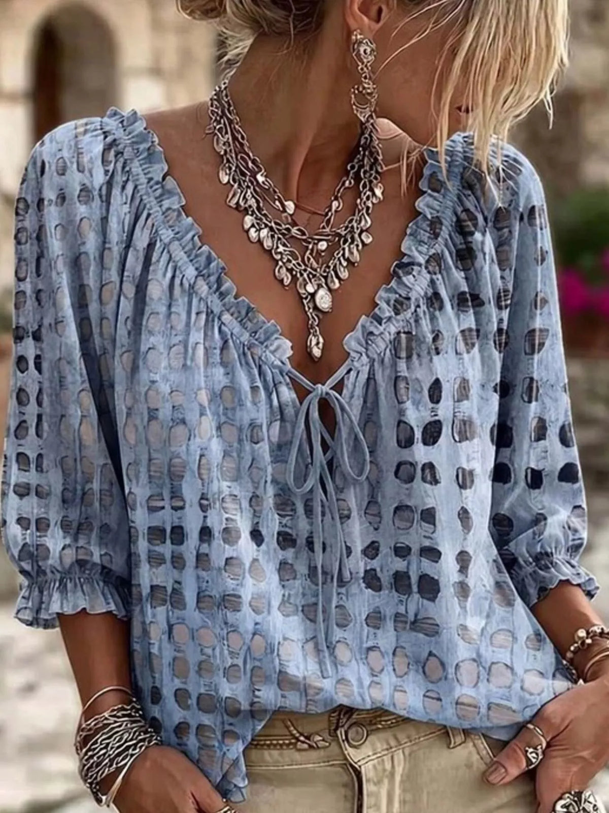 Light Blue Tie Neck 3/4 Sleeve Blouse front view