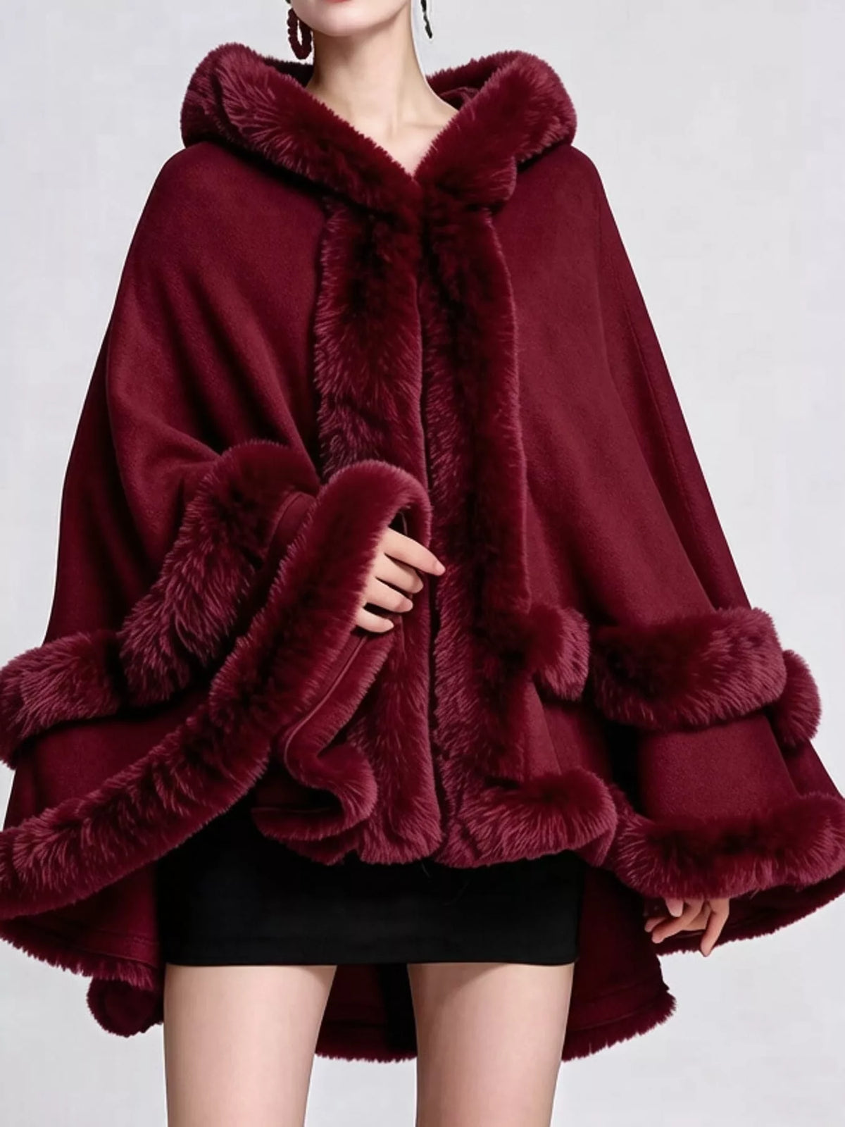 Faux-fur-trim cape, burgundy front