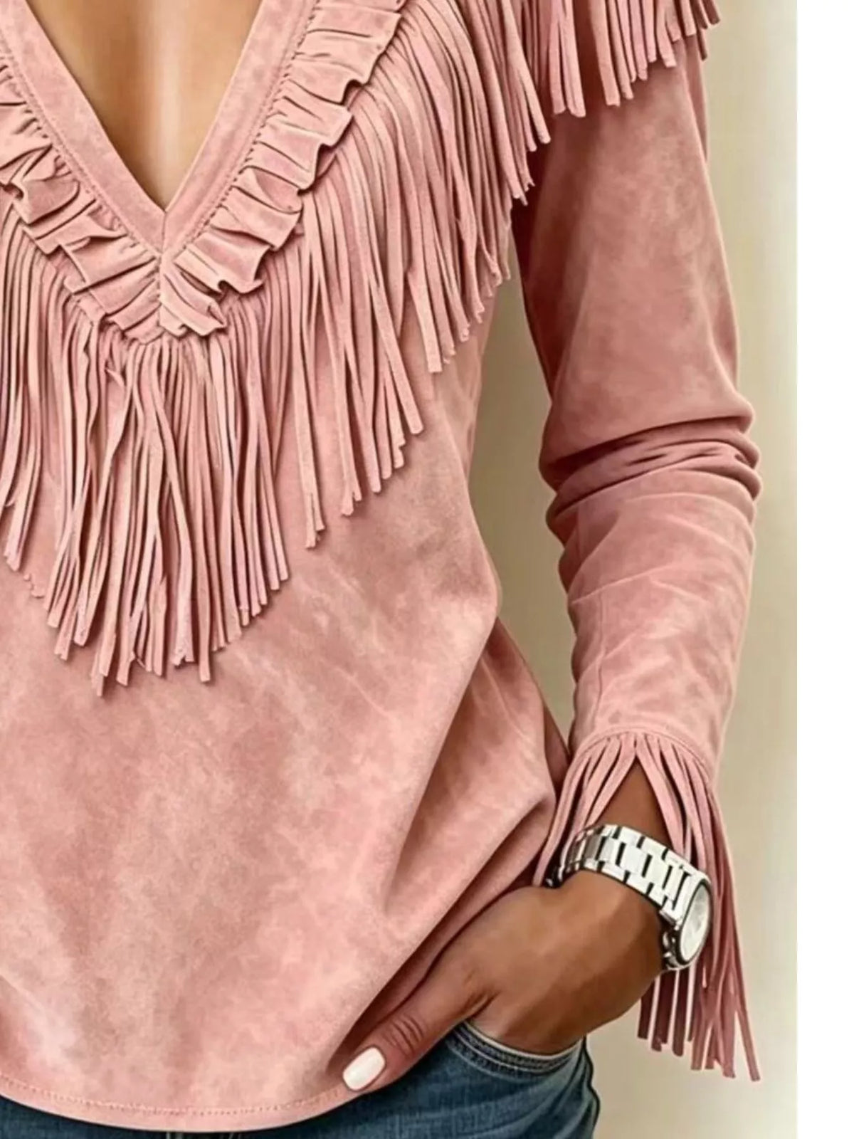 Fringed V-Neck Blouse in dusty pink, fringe detail