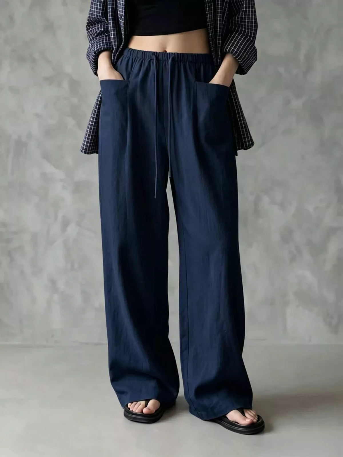 Women's Drawstring Wide-Leg Casual Pants in navy — front view
