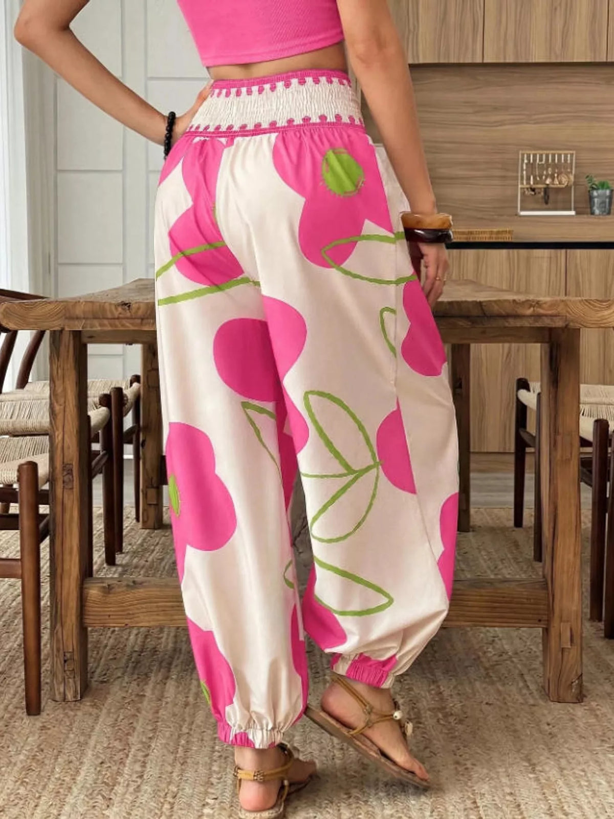 Pink floral print wide-leg pants