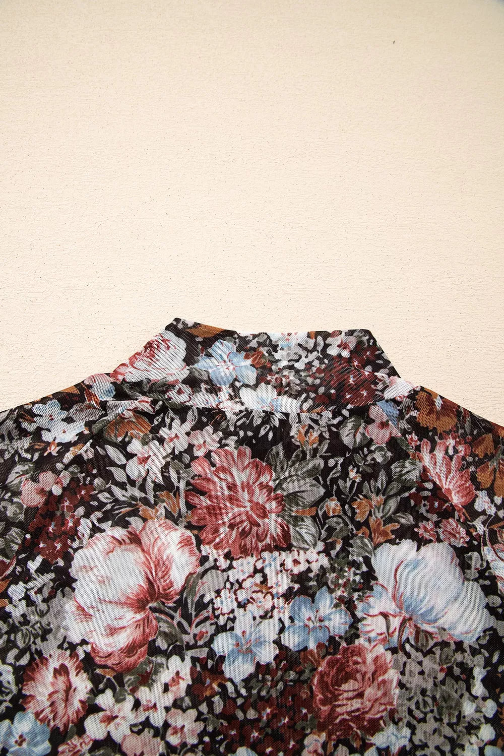 Trendsi Floral Print Mock Neck Sheer Mesh Top -