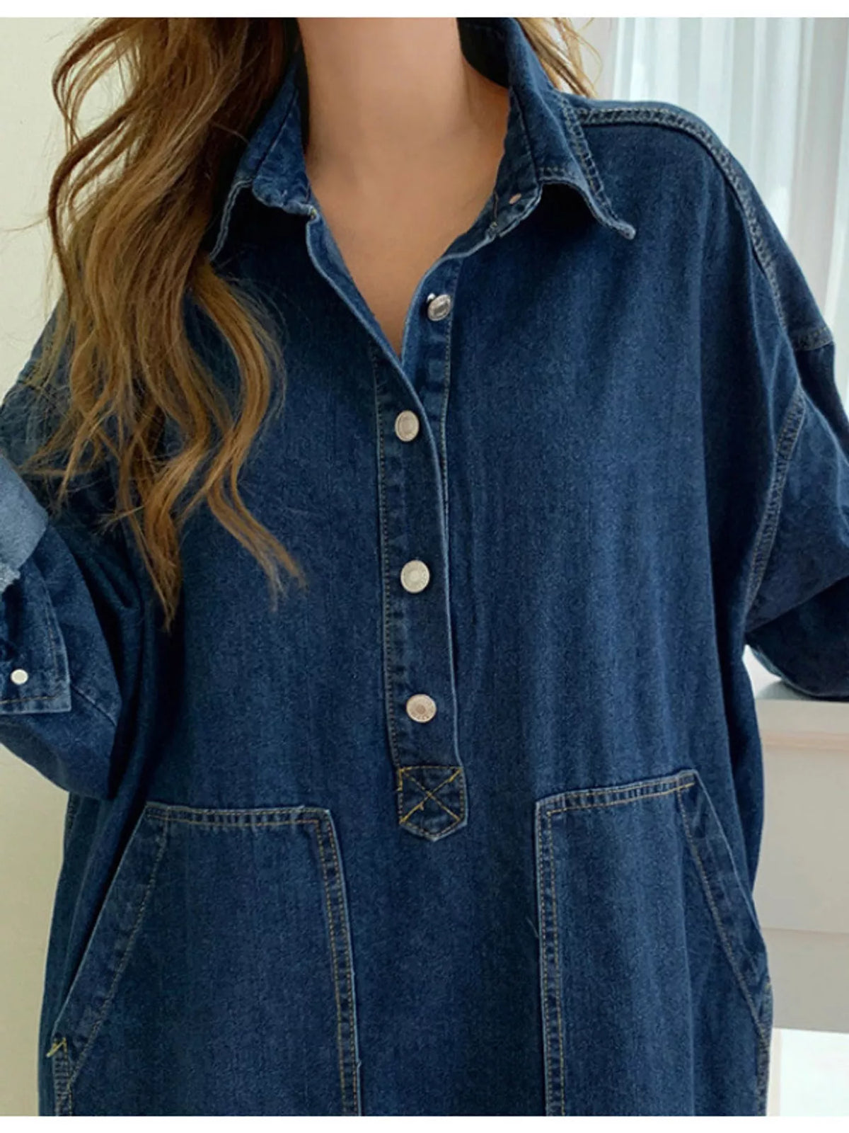Blue button front denim shirt dress, front view