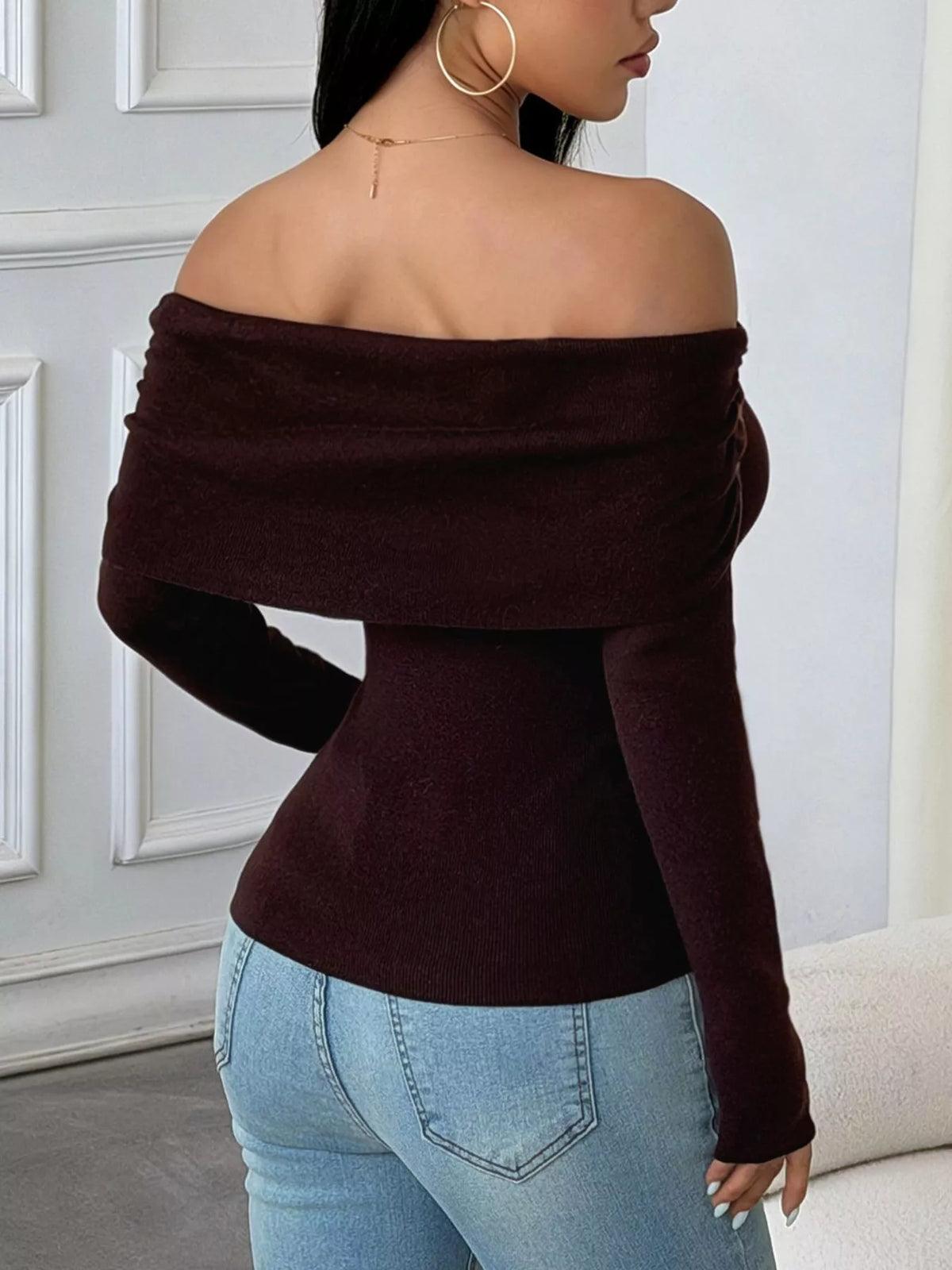 Burgundy Off-Shoulder Slim-fit Ribbed Knit Top, back view