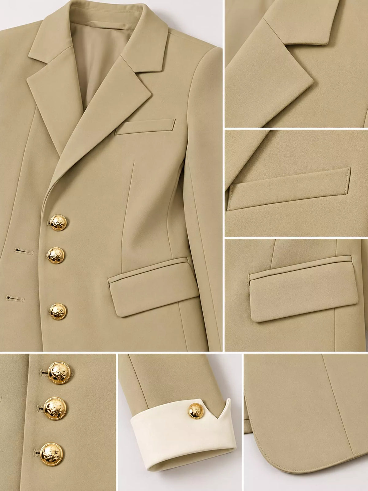 Beige single-breasted blazer with gold-tone buttons, buttons, lapels, pockets, and contrast cuffs