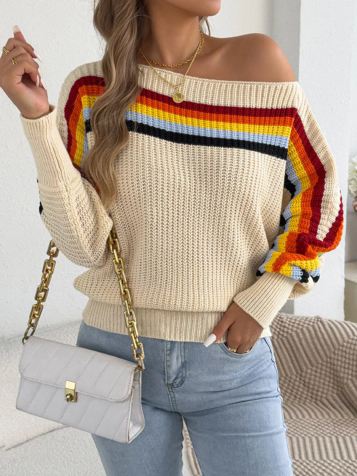 Striped Knit Boat Neck Sweater in beige, front view