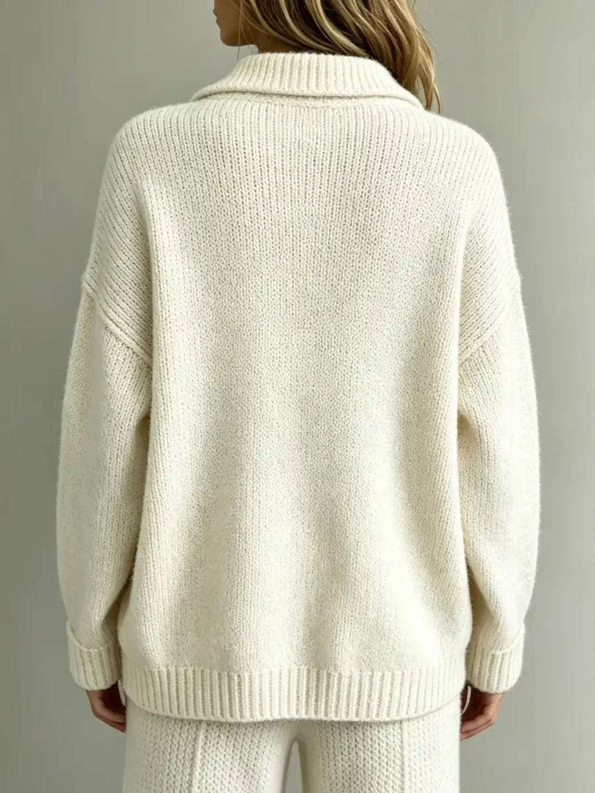 Women's Button Detail Dropped Shoulder Sweater in cream — back view