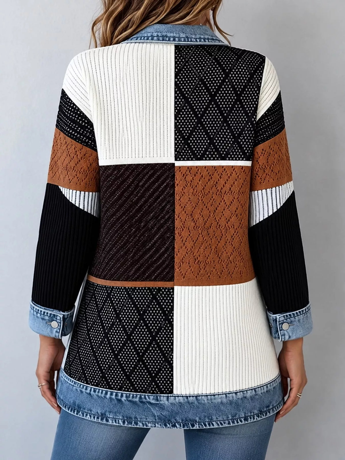 Multicolor denim trim ribbed knit cardigan, back view