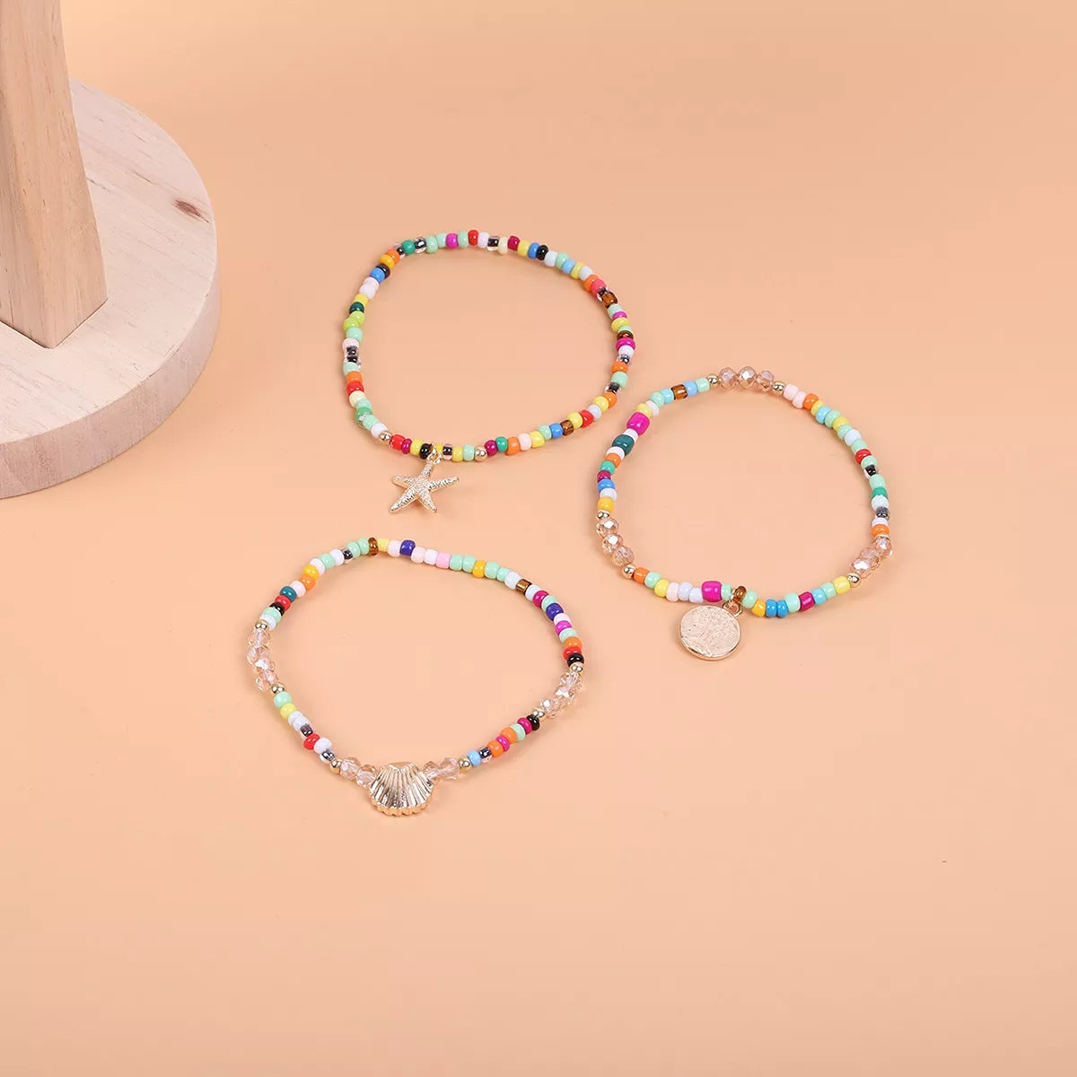 Multicolor three-piece beaded anklet set