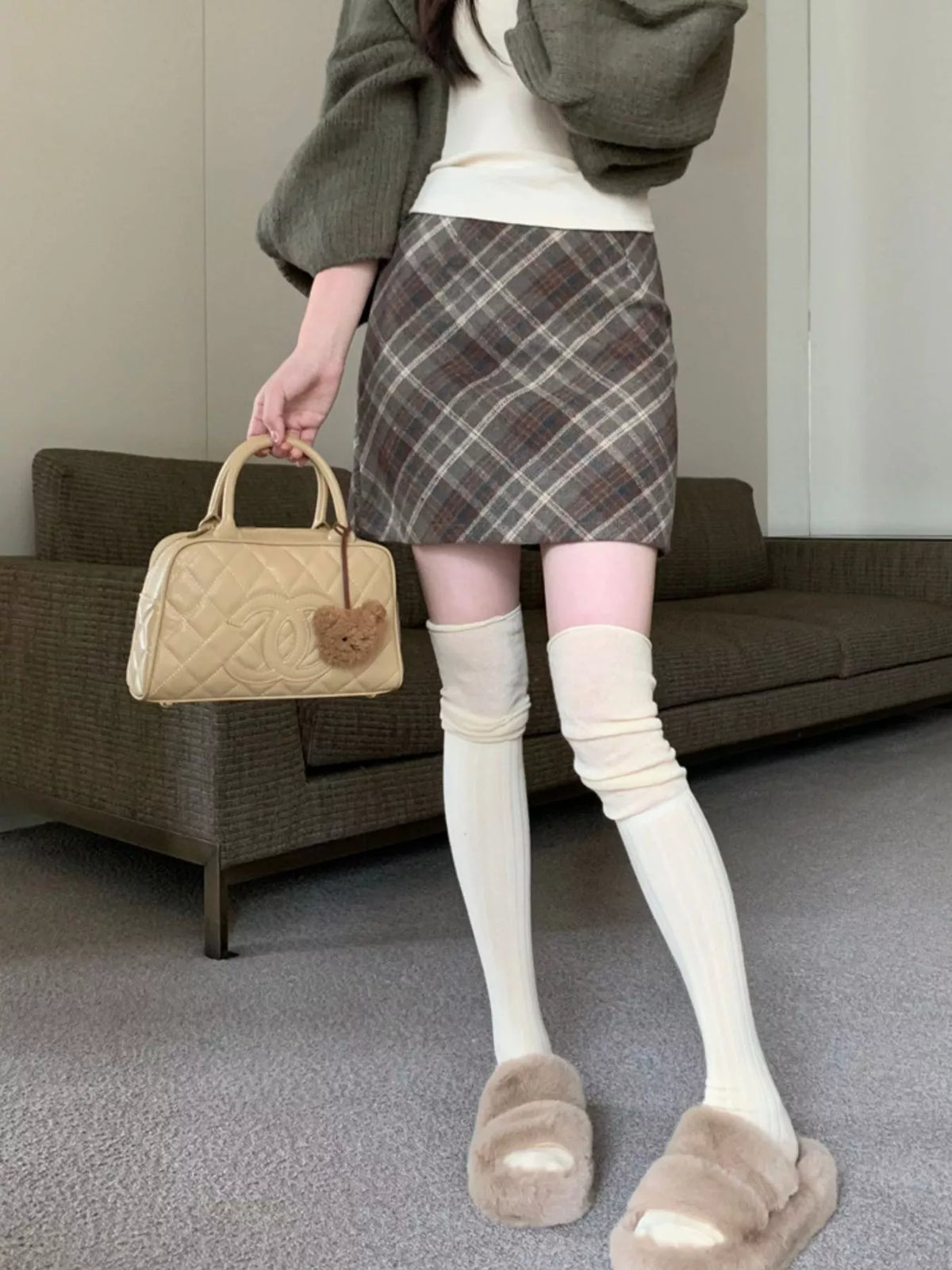 Coffee vintage plaid a-line mini skirt