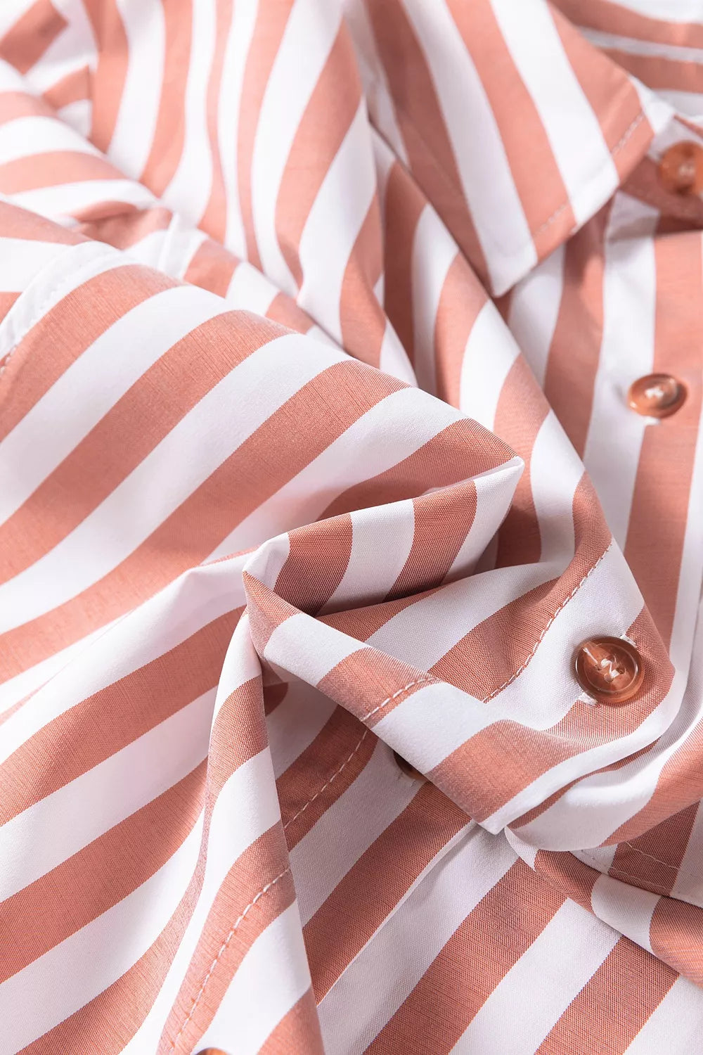 Women's pale blush striped button-front bracelet sleeve ruffle hem shirt