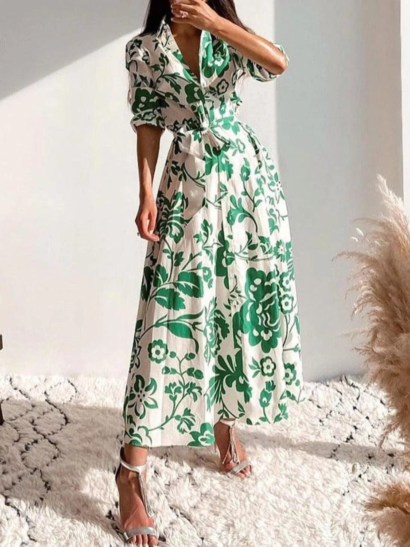 Trendsi Elegant Floral Print Shirt Dress with Belt -