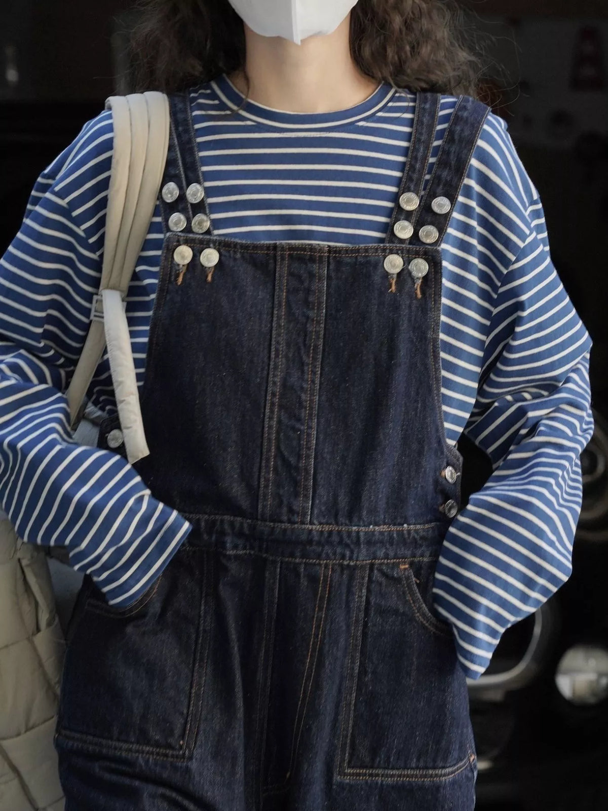 Women's Vintage Dark Wash Wide-Leg Denim Overalls in dark blue — bib detail view