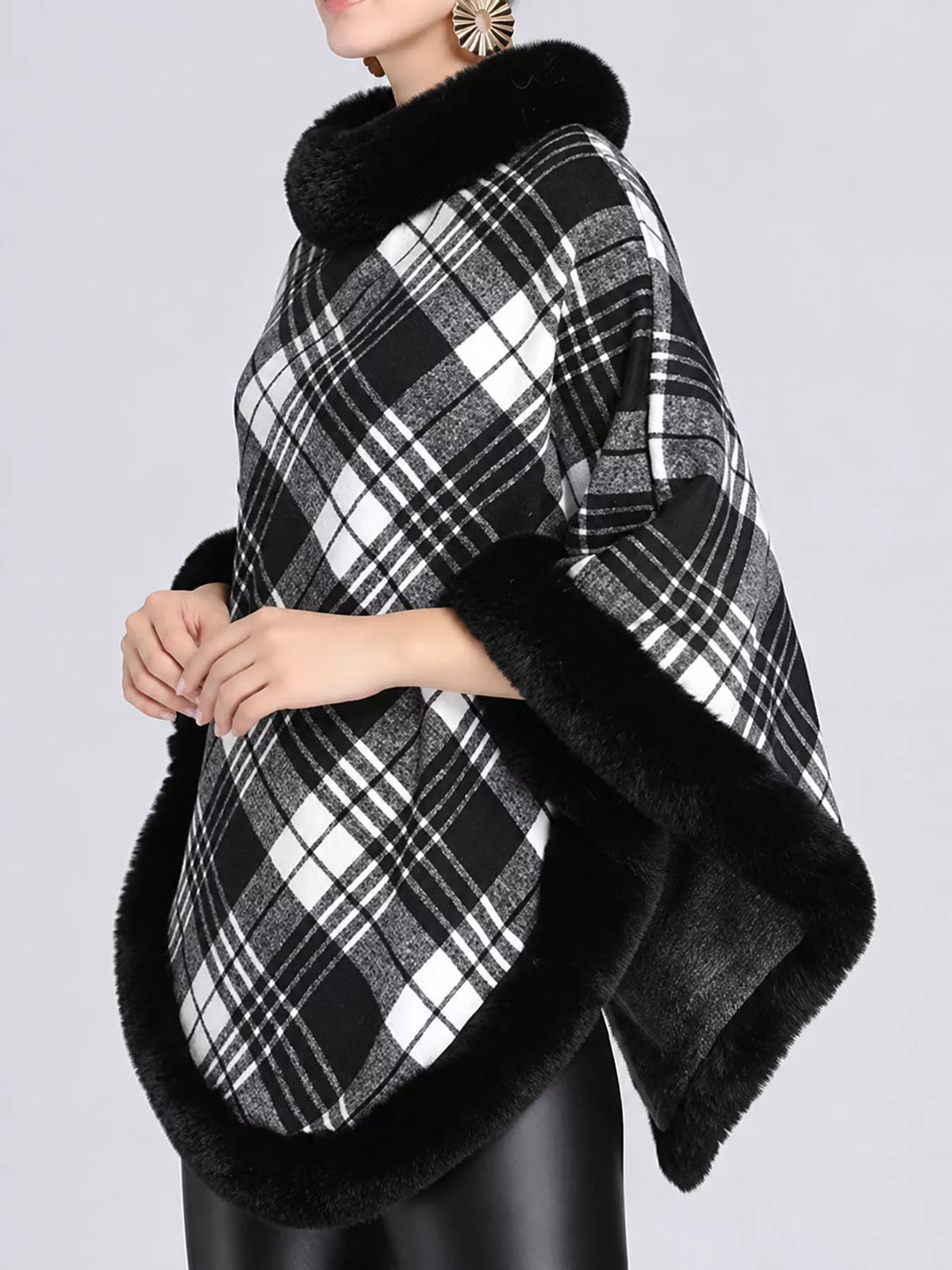 Black And White-Plaid plaid faux fur trimmed poncho cape