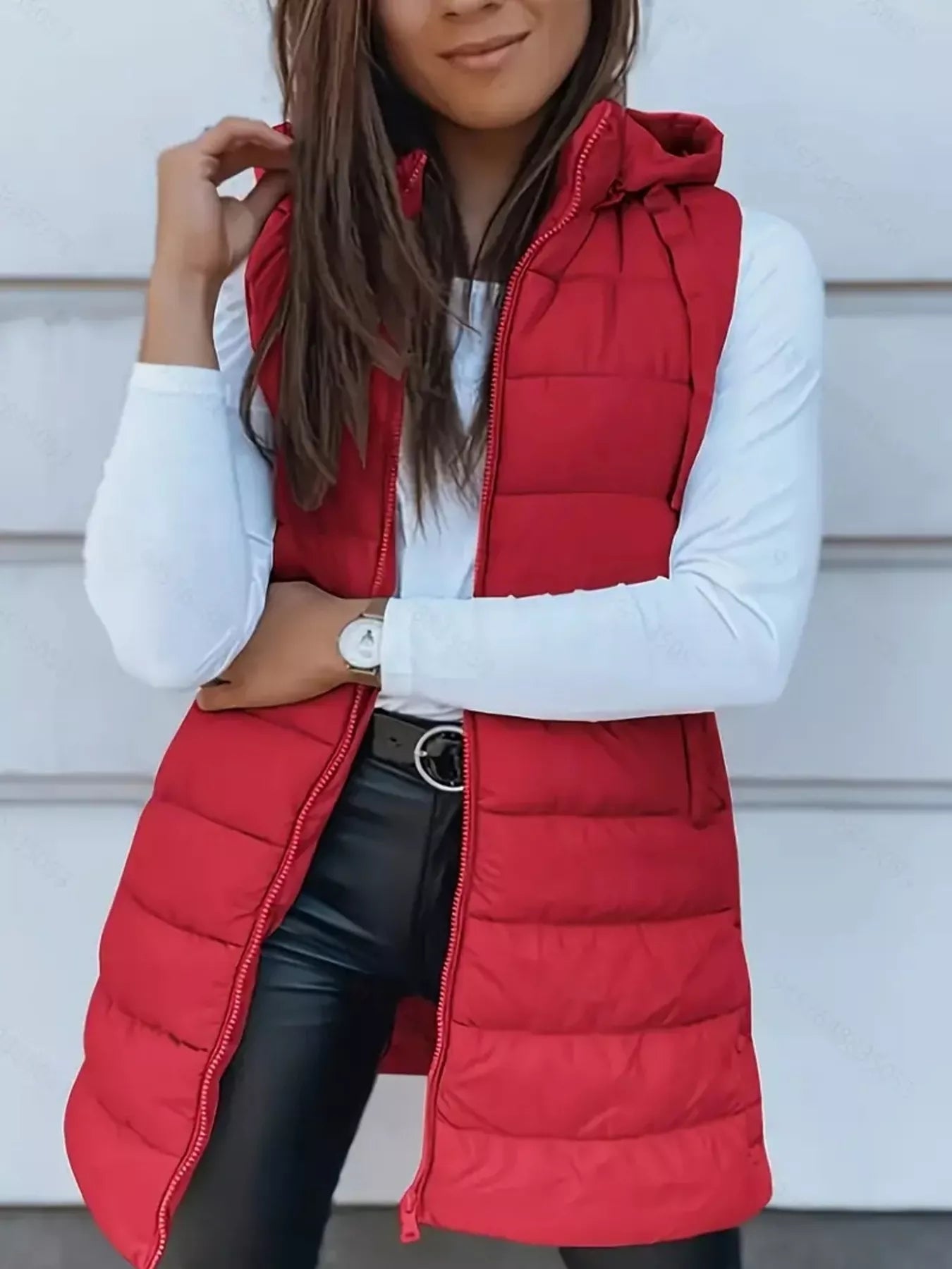 Trendsi Zip Up Longline Hooded Puffer Vest Coat -