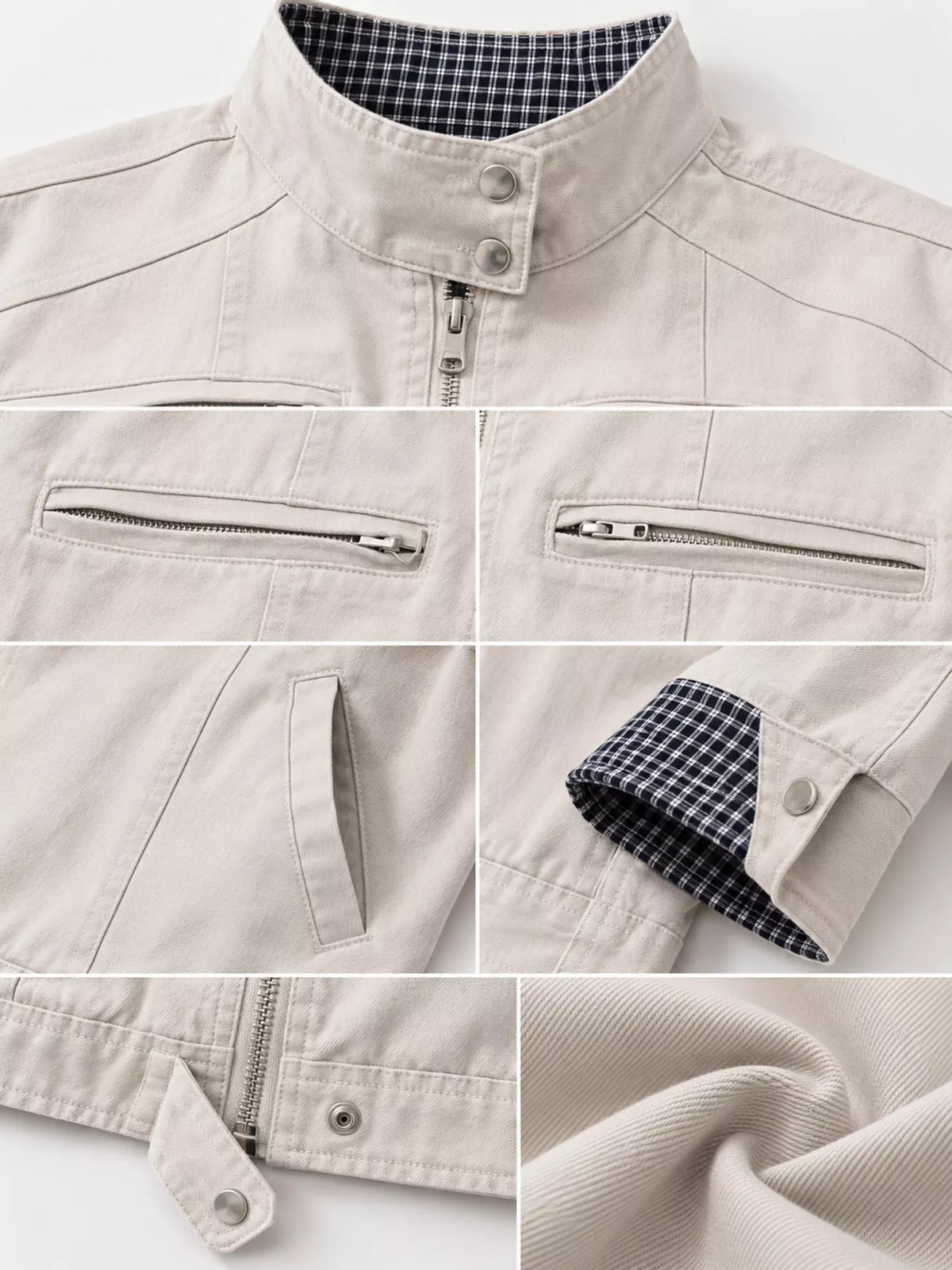 Cream contrast plaid cuffs zip-up jacket — design and construction details