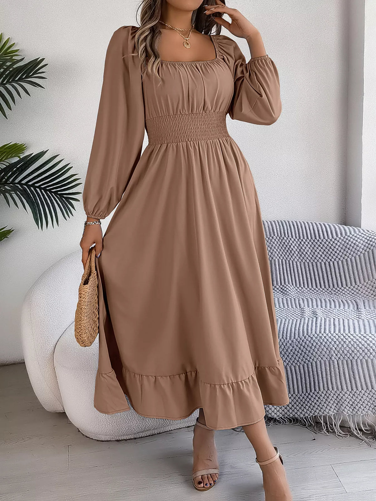 Dark Green square neck smocked waist long sleeve midi dress