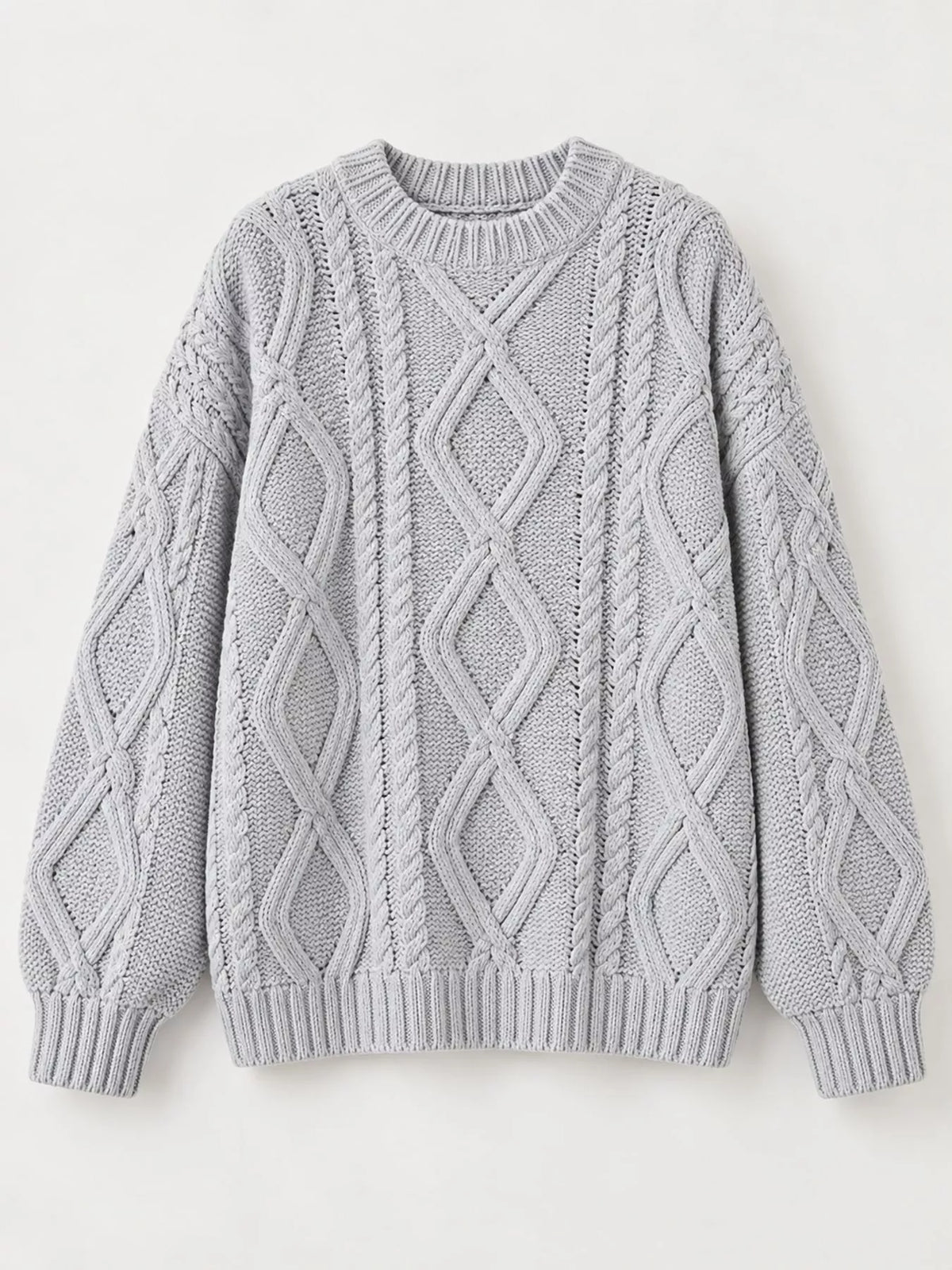 Gray cable-knit round neck sweater