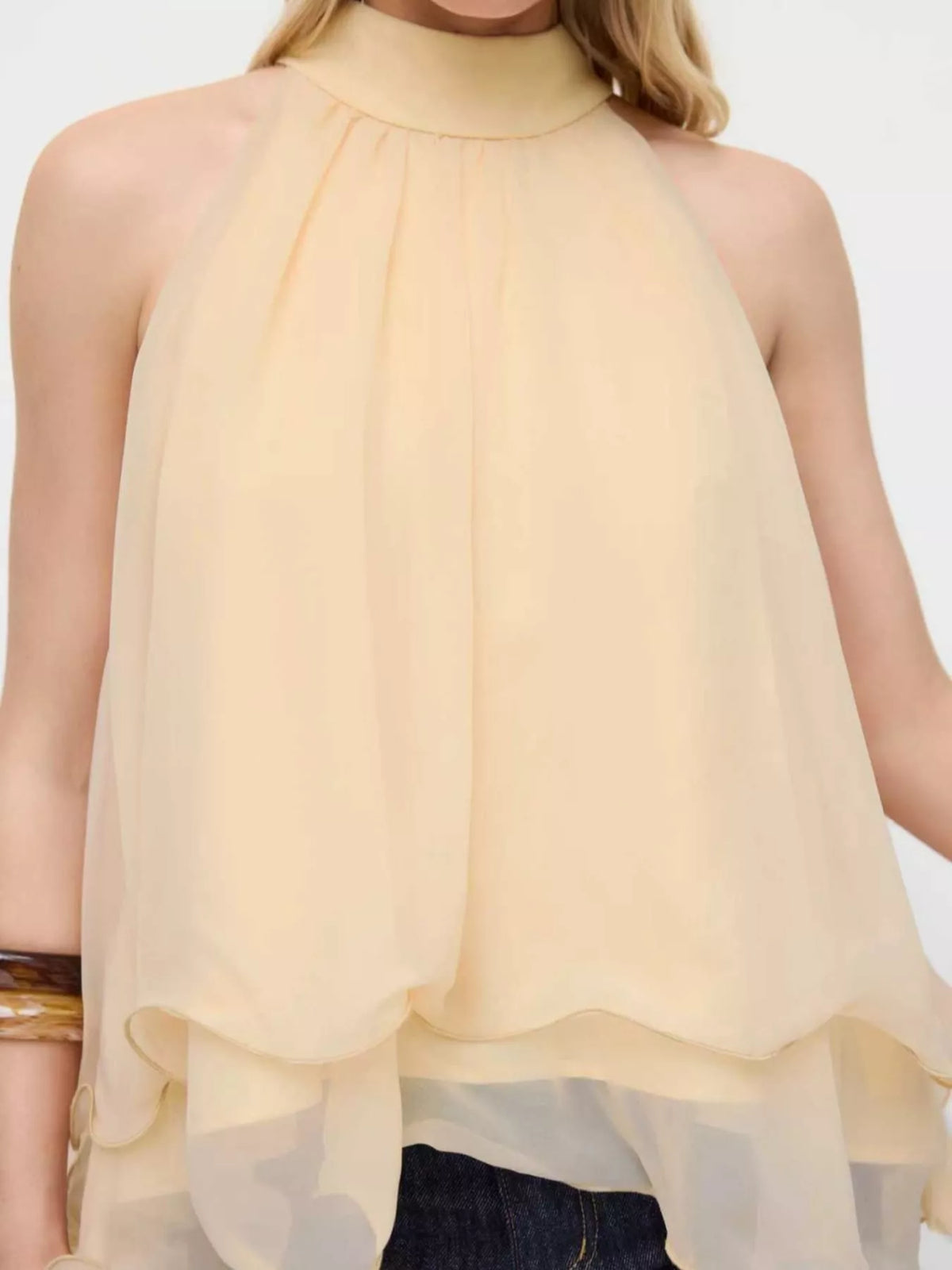 Chiffon Ruffled Sleeveless Top, detail view in yellow