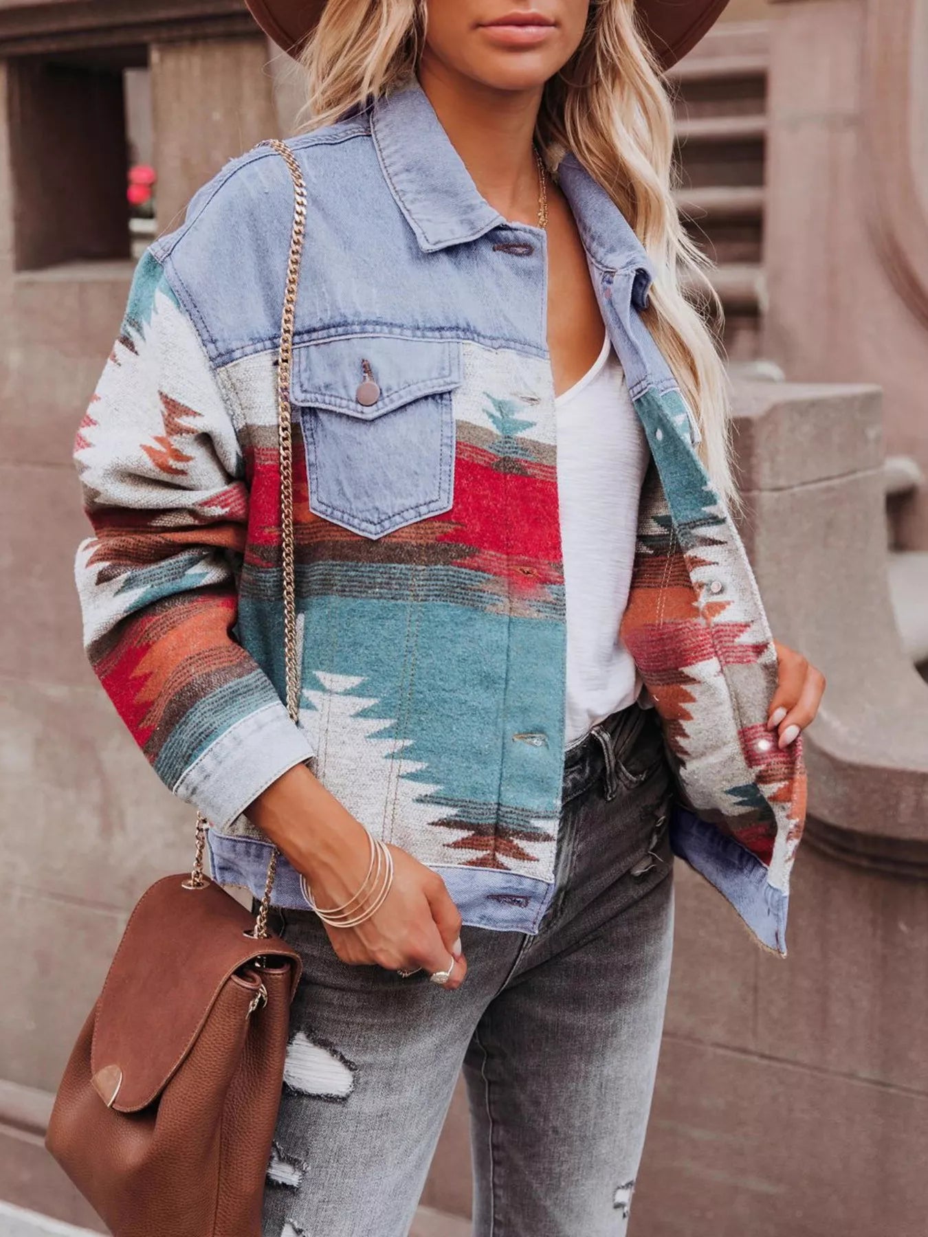 Trendsi Geometric Print Denim Jacket -