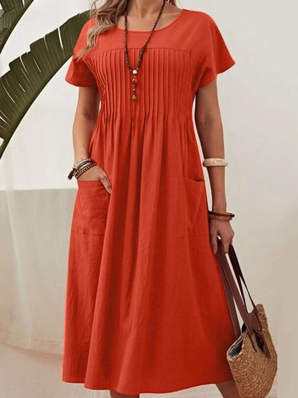 Pleated Midi Dress with Pockets in red