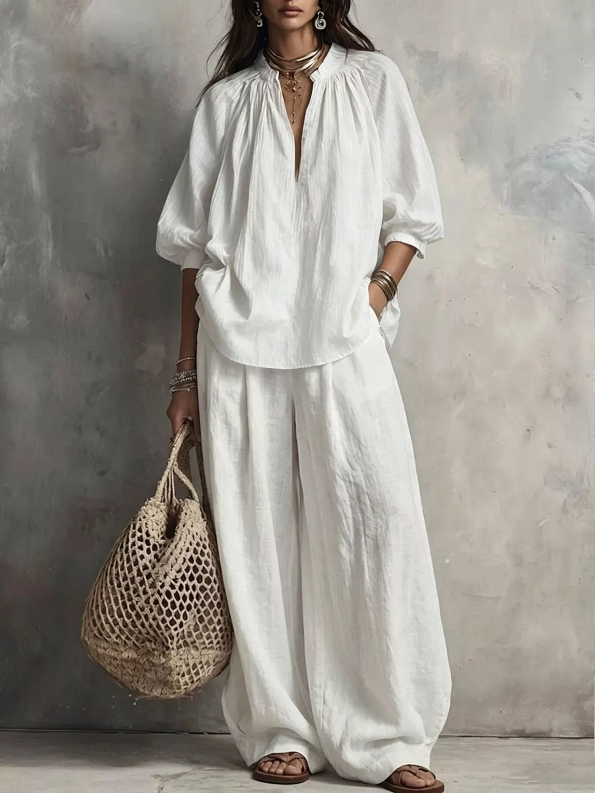 White Notched Long Sleeve Blouse & Wide-Leg Pants Set front view