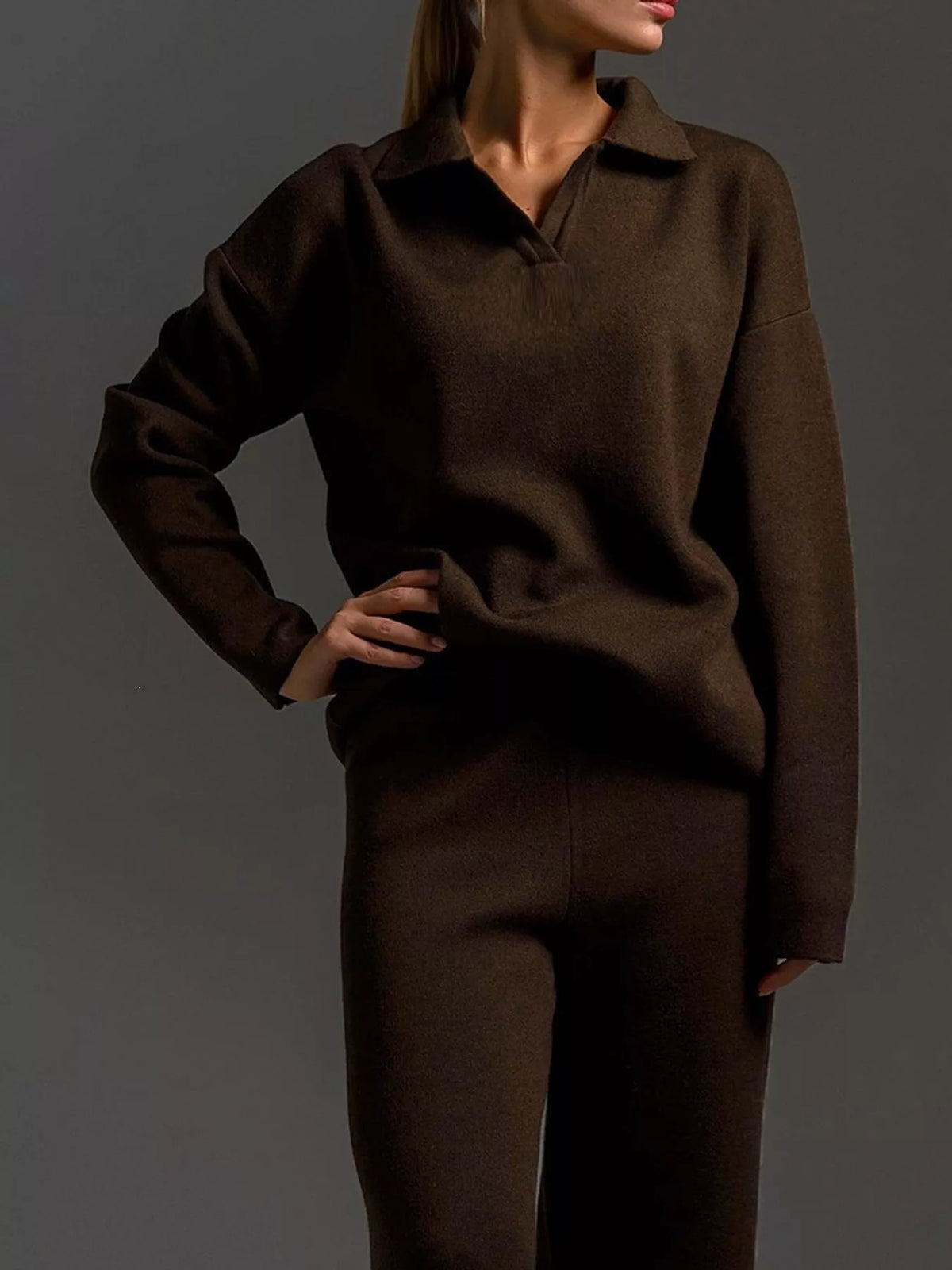 Polo top and pants set, brown top front