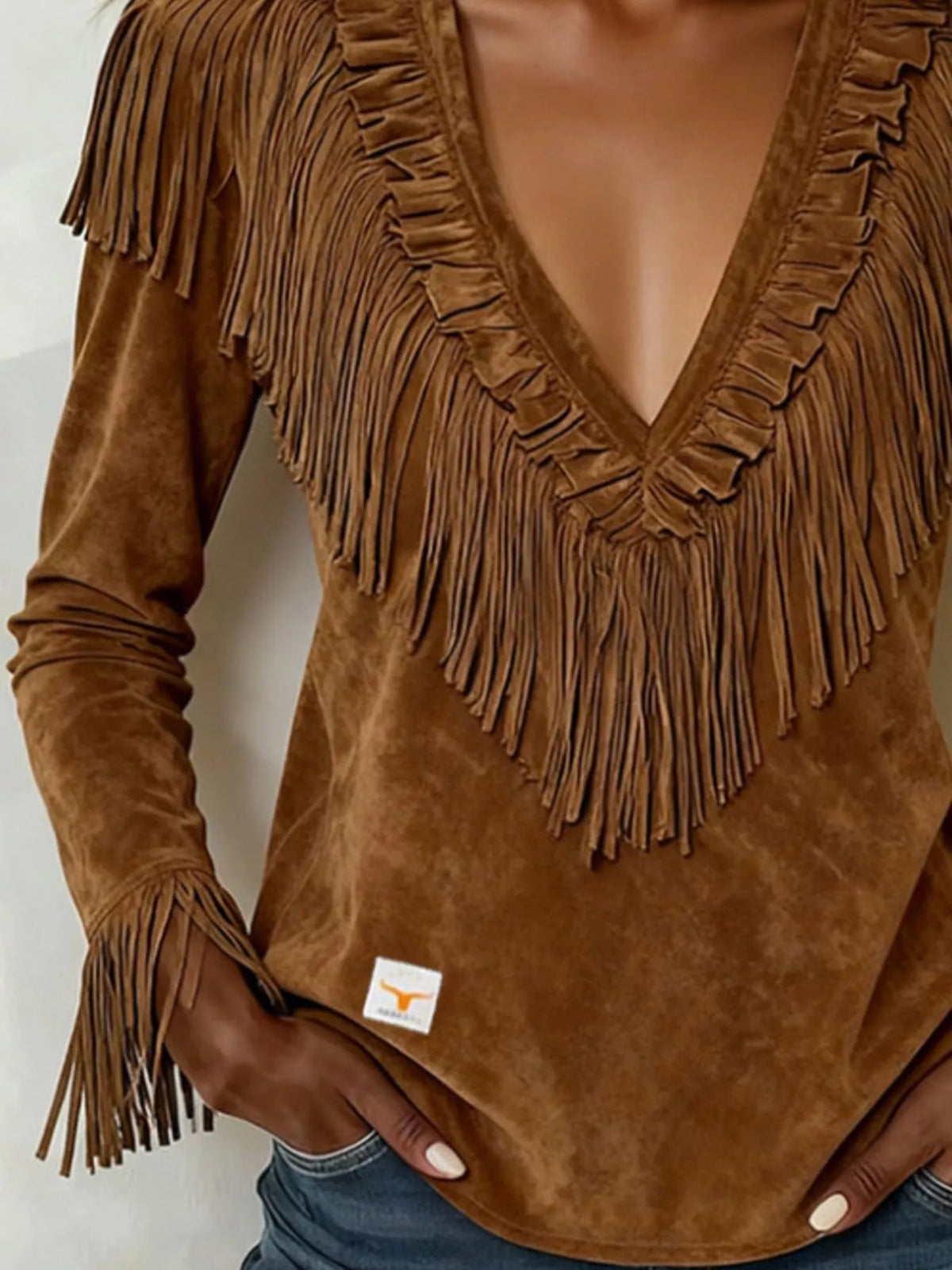 Fringed V-Neck Blouse in brown, fringe detail