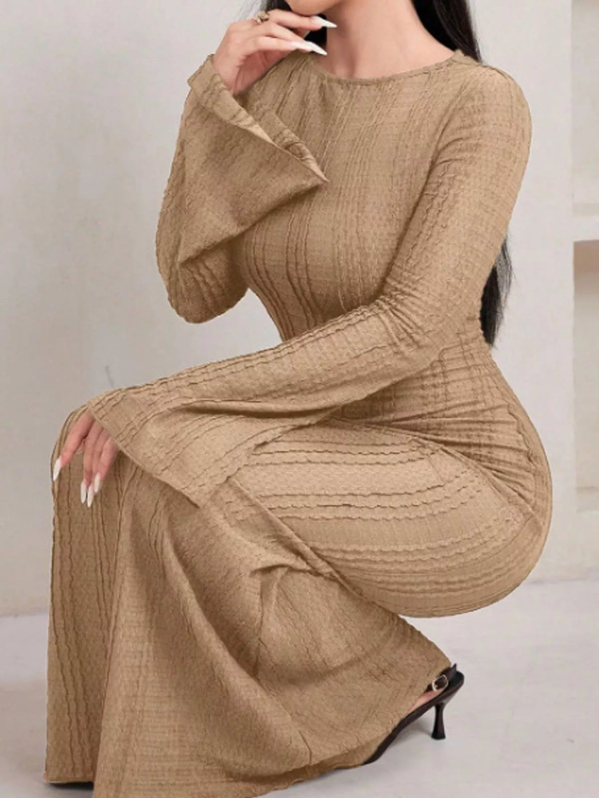 Textured Flare Sleeve Bodycon Maxi Dress in khaki
