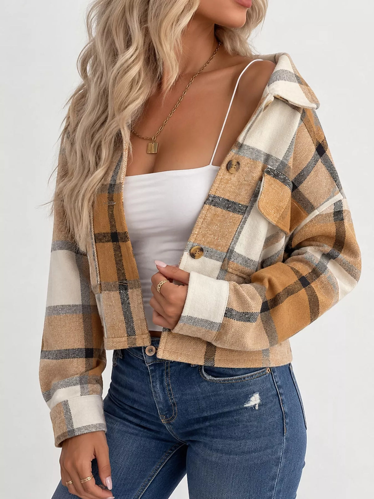 Plaid cropped jacket, tan plaid side