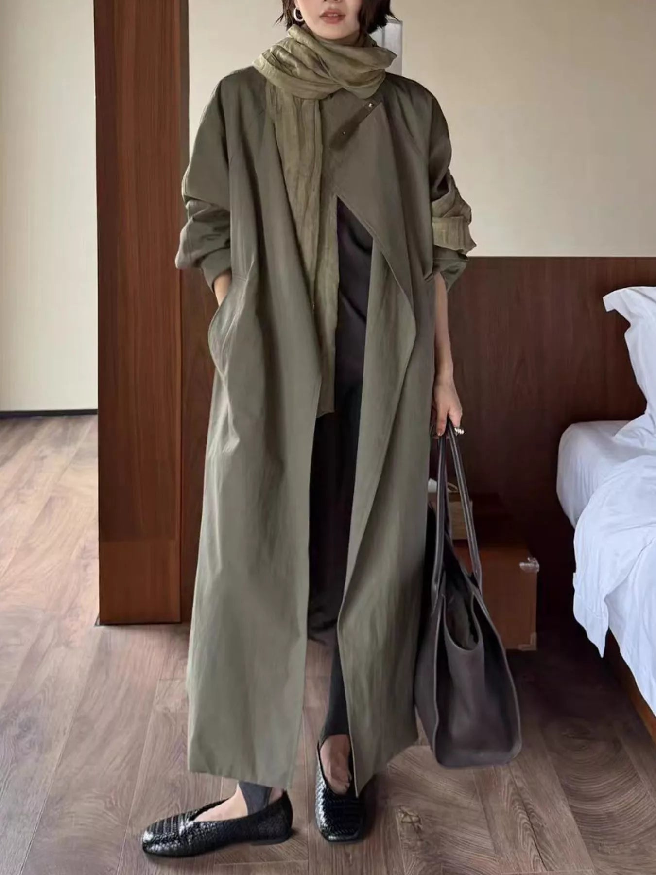 Trendsi Drawstring Open Front Longline Trench Coat -