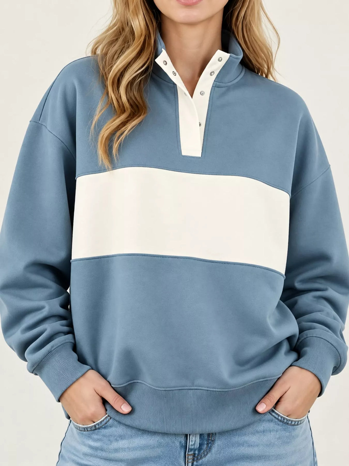 Blue and cream color block snap-button sweatshirt