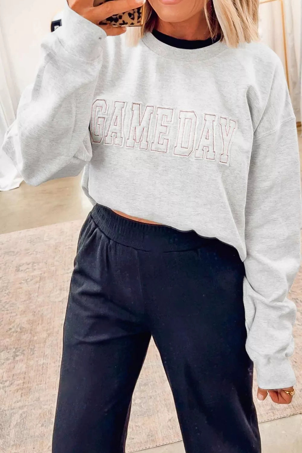Trendsi Game Day Letter Embroidery Long Sleeve Round Neck Sweatshirt -